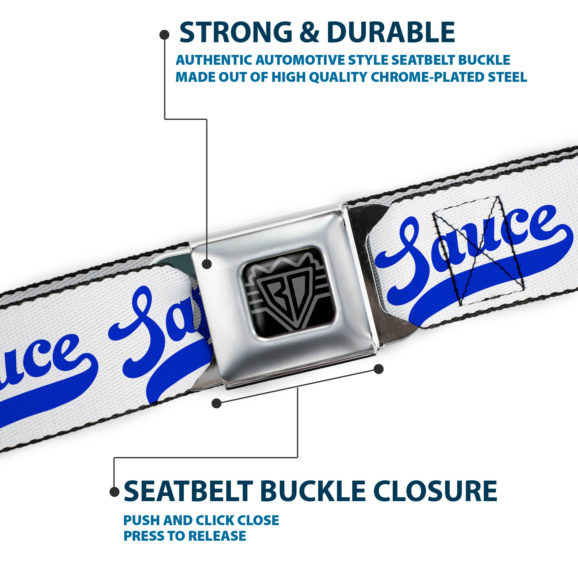 BD Wings Logo CLOSE-UP Black/Silver Seatbelt Belt - SAUCE Baseball Script White/Blue Webbing Seatbelt Belts Buckle-Down