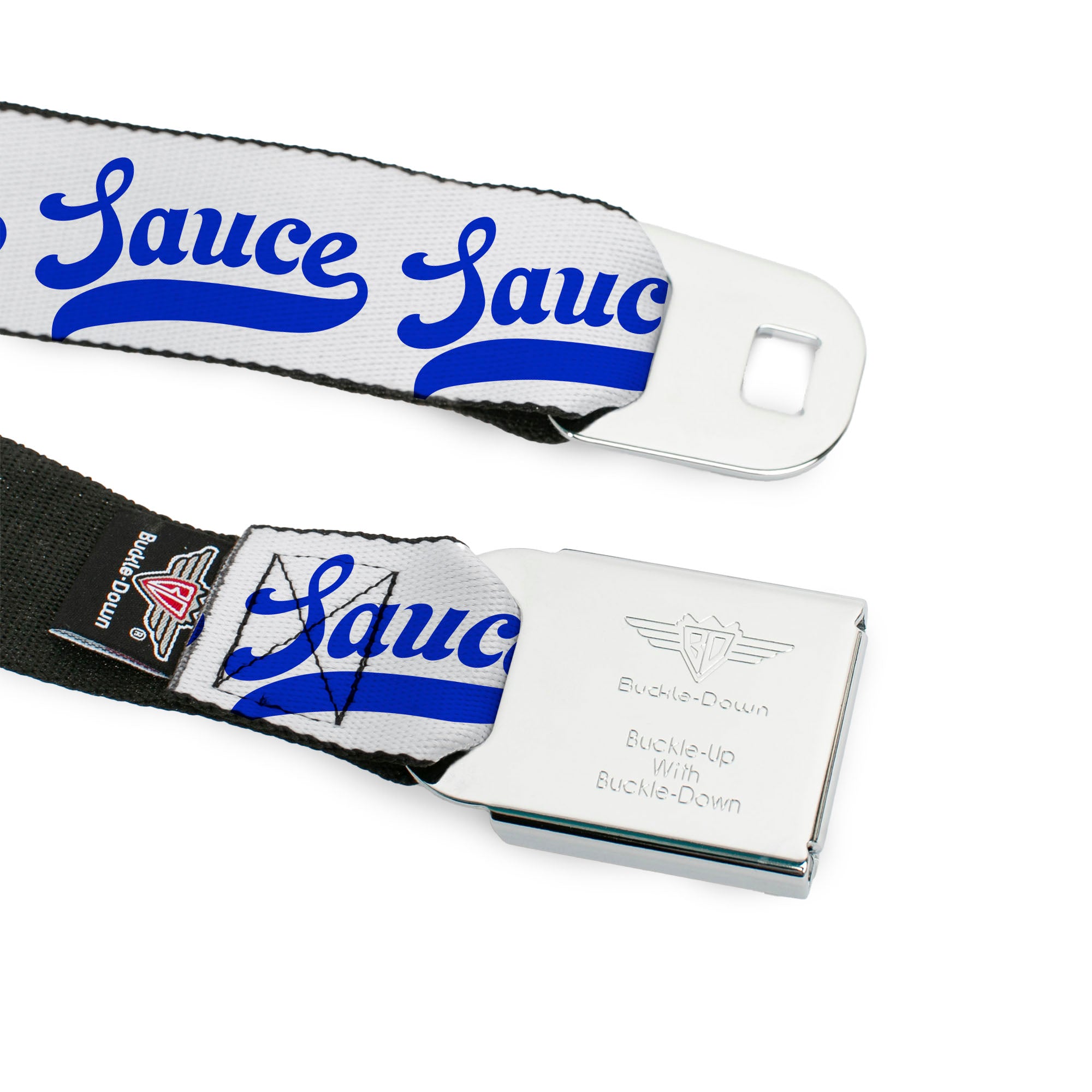 BD Wings Logo CLOSE-UP Black/Silver Seatbelt Belt - SAUCE Baseball Script White/Blue Webbing Seatbelt Belts Buckle-Down