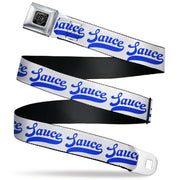 BD Wings Logo CLOSE-UP Black/Silver Seatbelt Belt - SAUCE Baseball Script White/Blue Webbing Seatbelt Belts Buckle-Down
