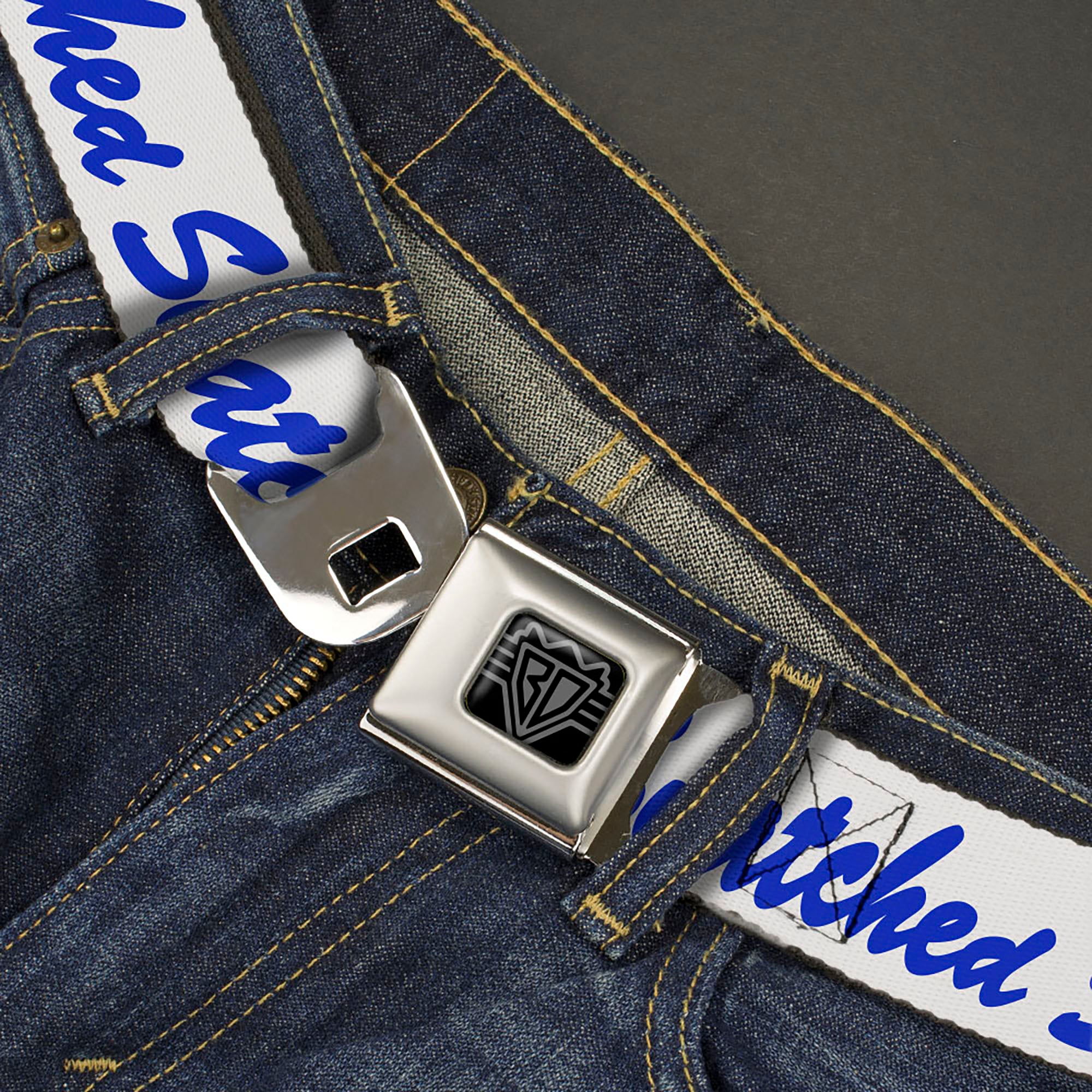 BD Wings Logo CLOSE-UP Black/Silver Seatbelt Belt - SNATCHED Script White/Blue Webbing Seatbelt Belts Buckle-Down