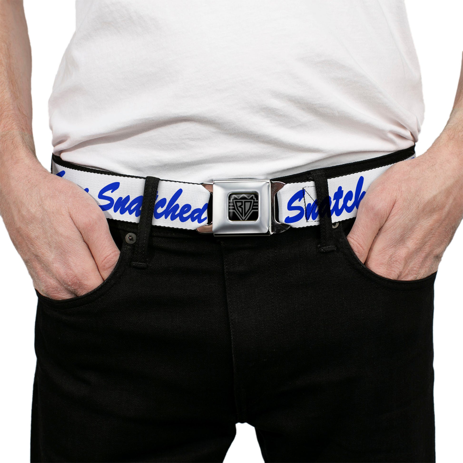 BD Wings Logo CLOSE-UP Black/Silver Seatbelt Belt - SNATCHED Script White/Blue Webbing Seatbelt Belts Buckle-Down