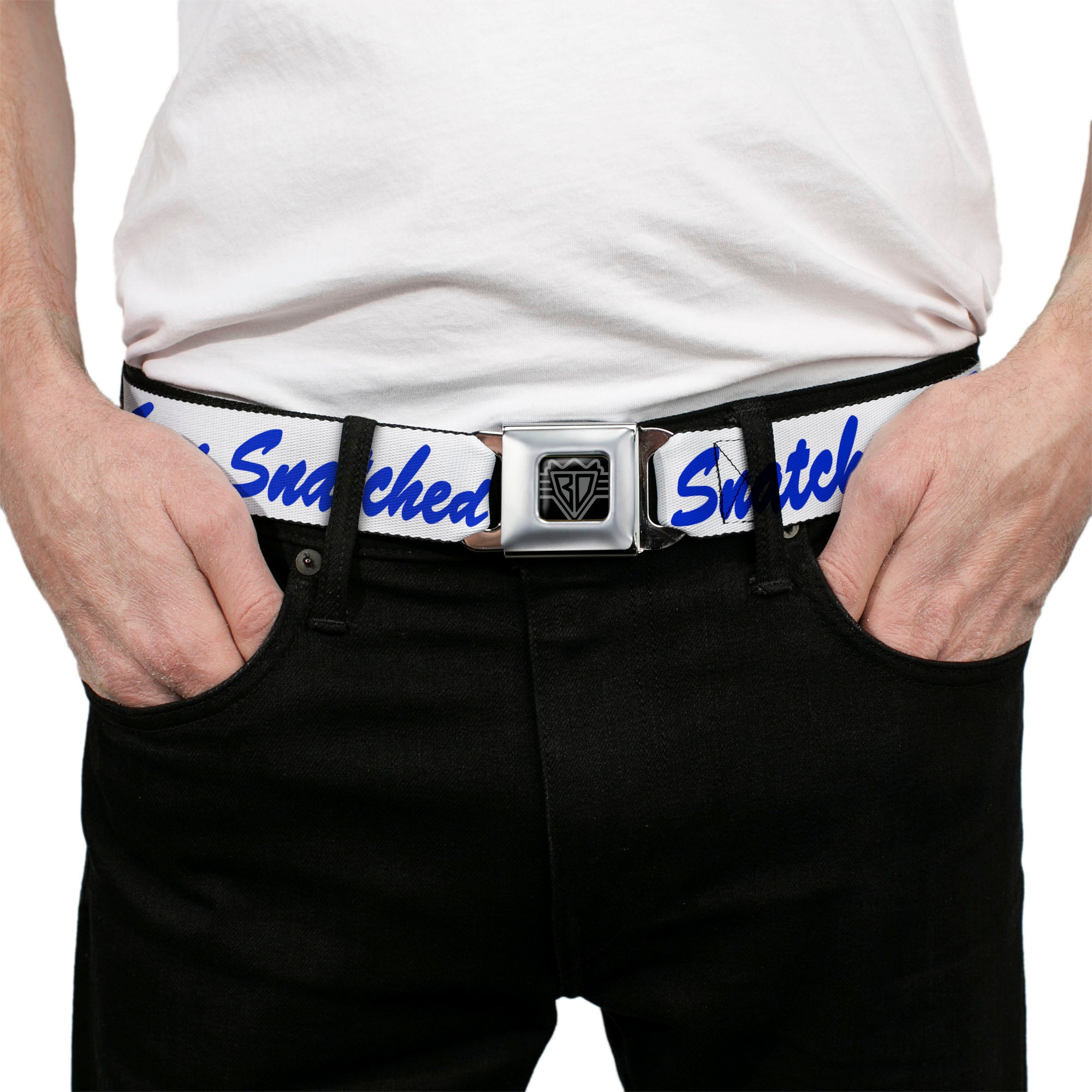 BD Wings Logo CLOSE-UP Black/Silver Seatbelt Belt - SNATCHED Script White/Blue Webbing Seatbelt Belts Buckle-Down