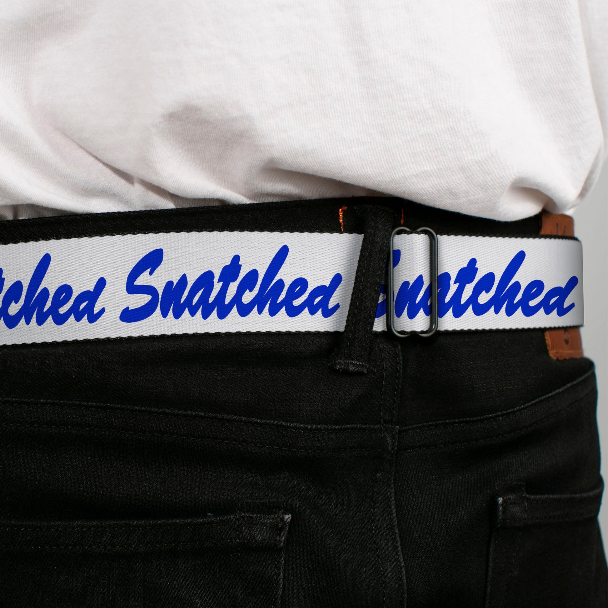 BD Wings Logo CLOSE-UP Black/Silver Seatbelt Belt - SNATCHED Script White/Blue Webbing Seatbelt Belts Buckle-Down