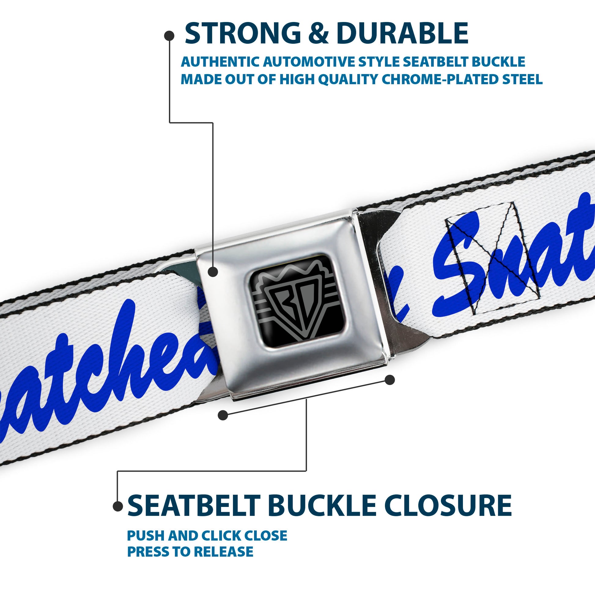 BD Wings Logo CLOSE-UP Black/Silver Seatbelt Belt - SNATCHED Script White/Blue Webbing Seatbelt Belts Buckle-Down