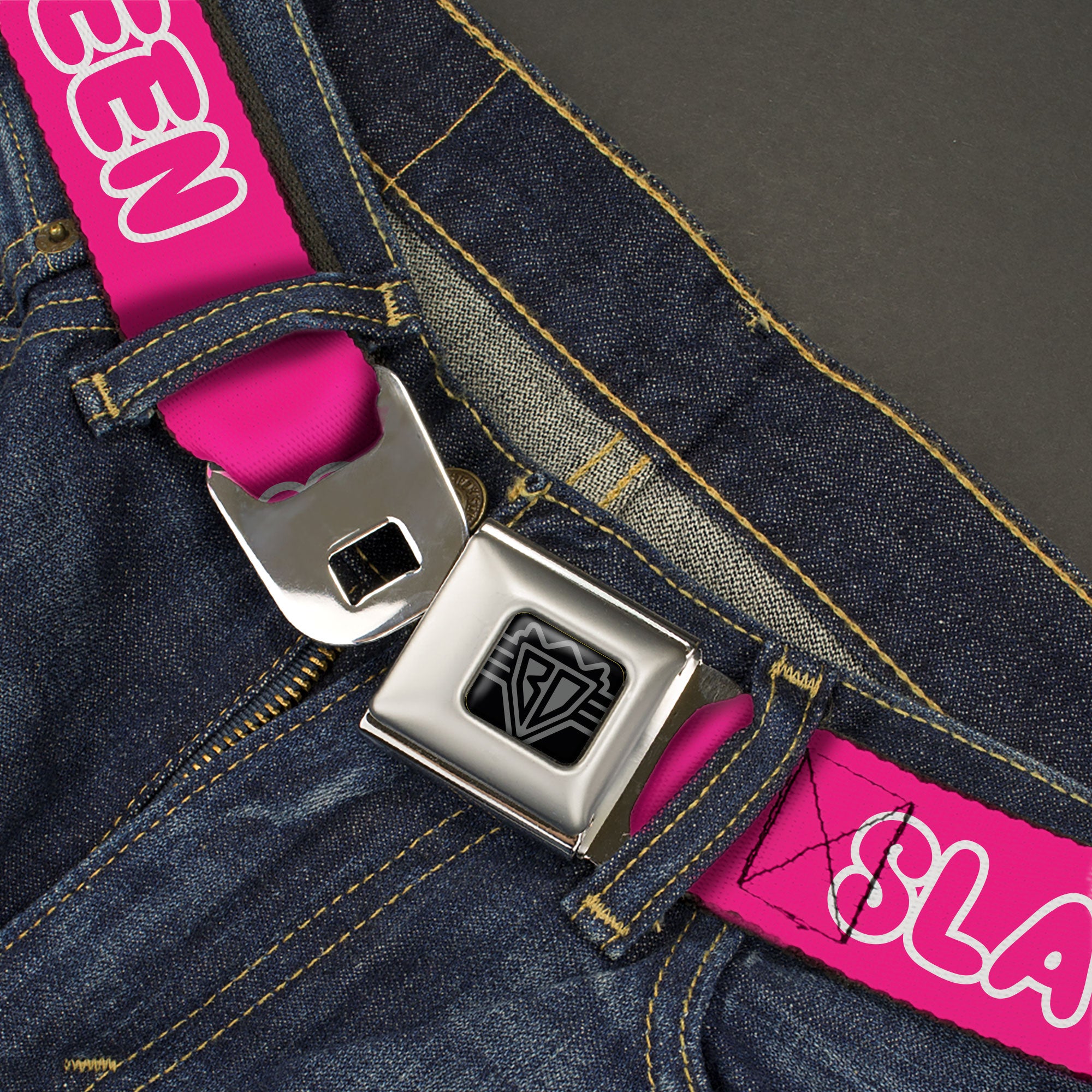 BD Wings Logo CLOSE-UP Black/Silver Seatbelt Belt - SLAY QUEEN Bubble Text Pink/White Webbing Seatbelt Belts Buckle-Down
