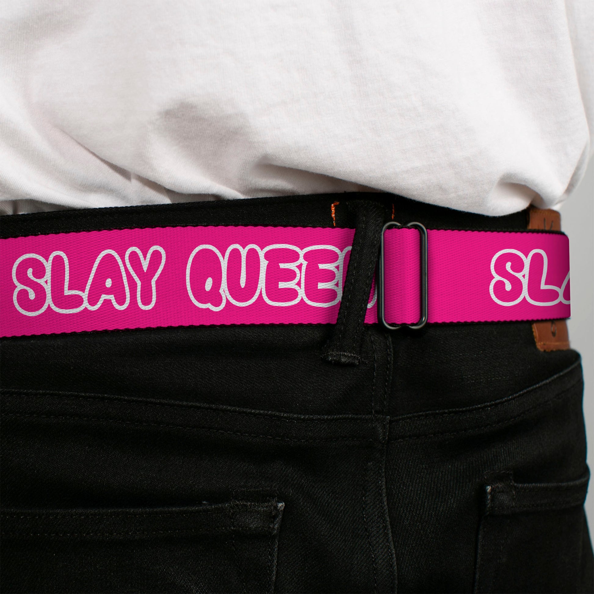 BD Wings Logo CLOSE-UP Black/Silver Seatbelt Belt - SLAY QUEEN Bubble Text Pink/White Webbing Seatbelt Belts Buckle-Down