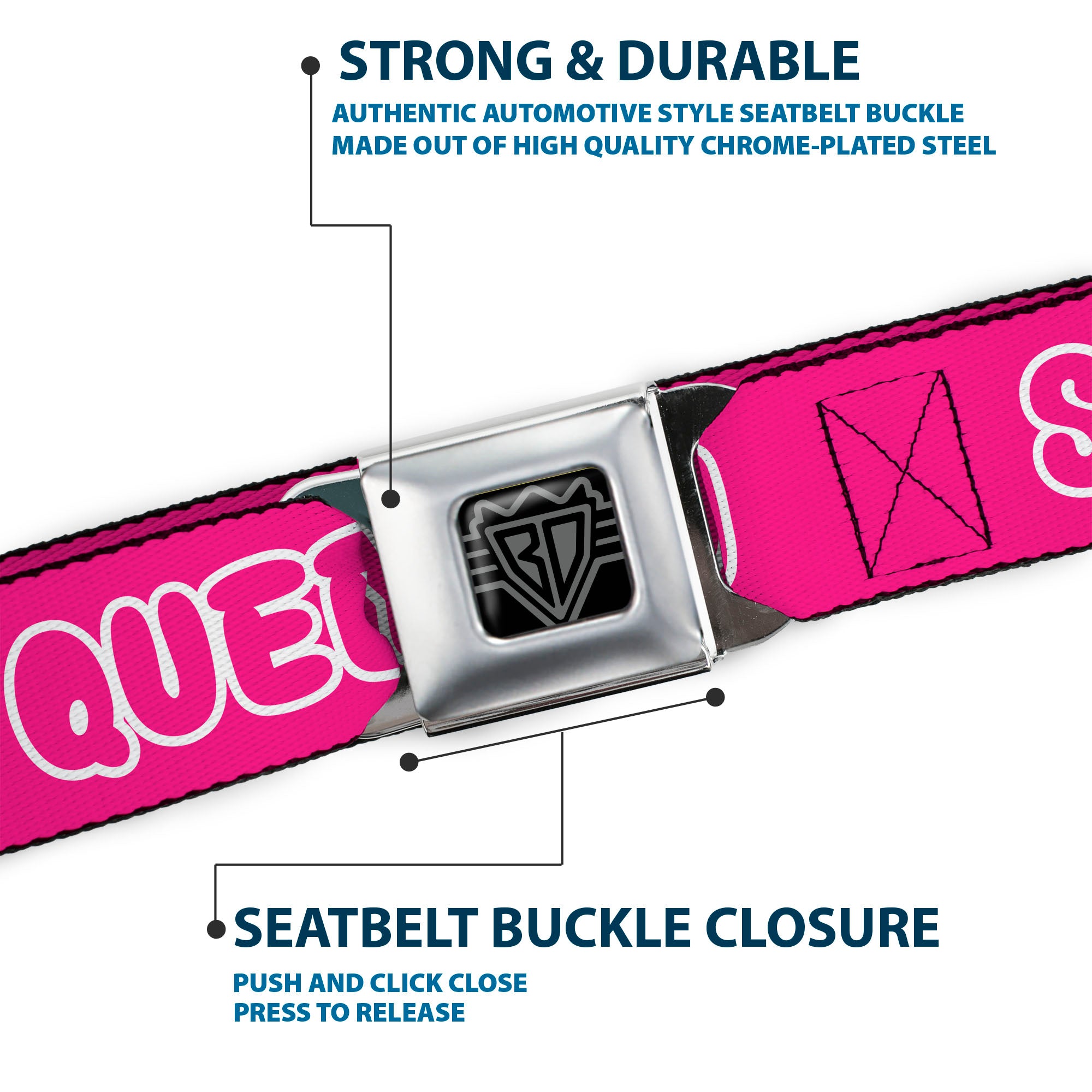 BD Wings Logo CLOSE-UP Black/Silver Seatbelt Belt - SLAY QUEEN Bubble Text Pink/White Webbing Seatbelt Belts Buckle-Down