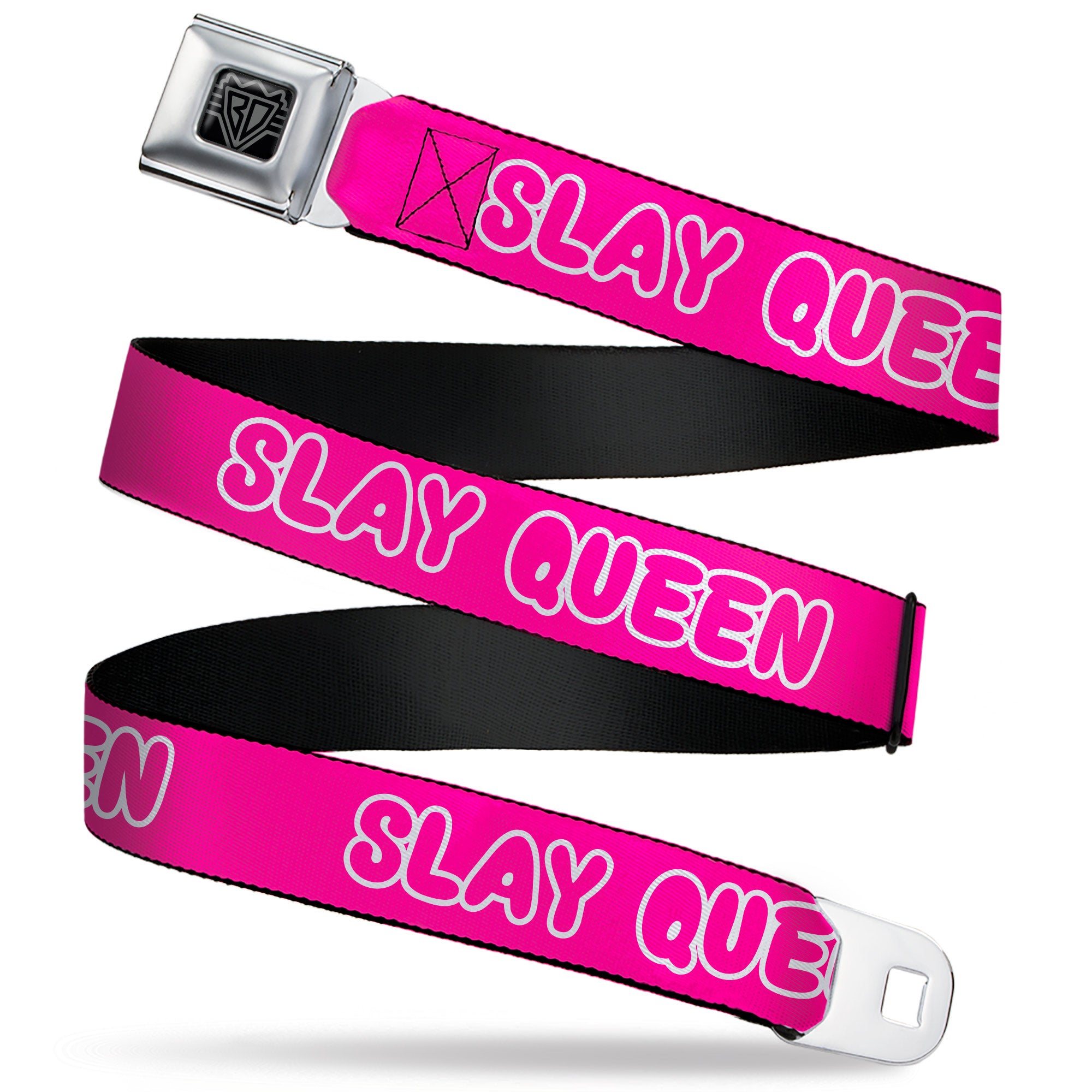BD Wings Logo CLOSE-UP Black/Silver Seatbelt Belt - SLAY QUEEN Bubble Text Pink/White Webbing Seatbelt Belts Buckle-Down