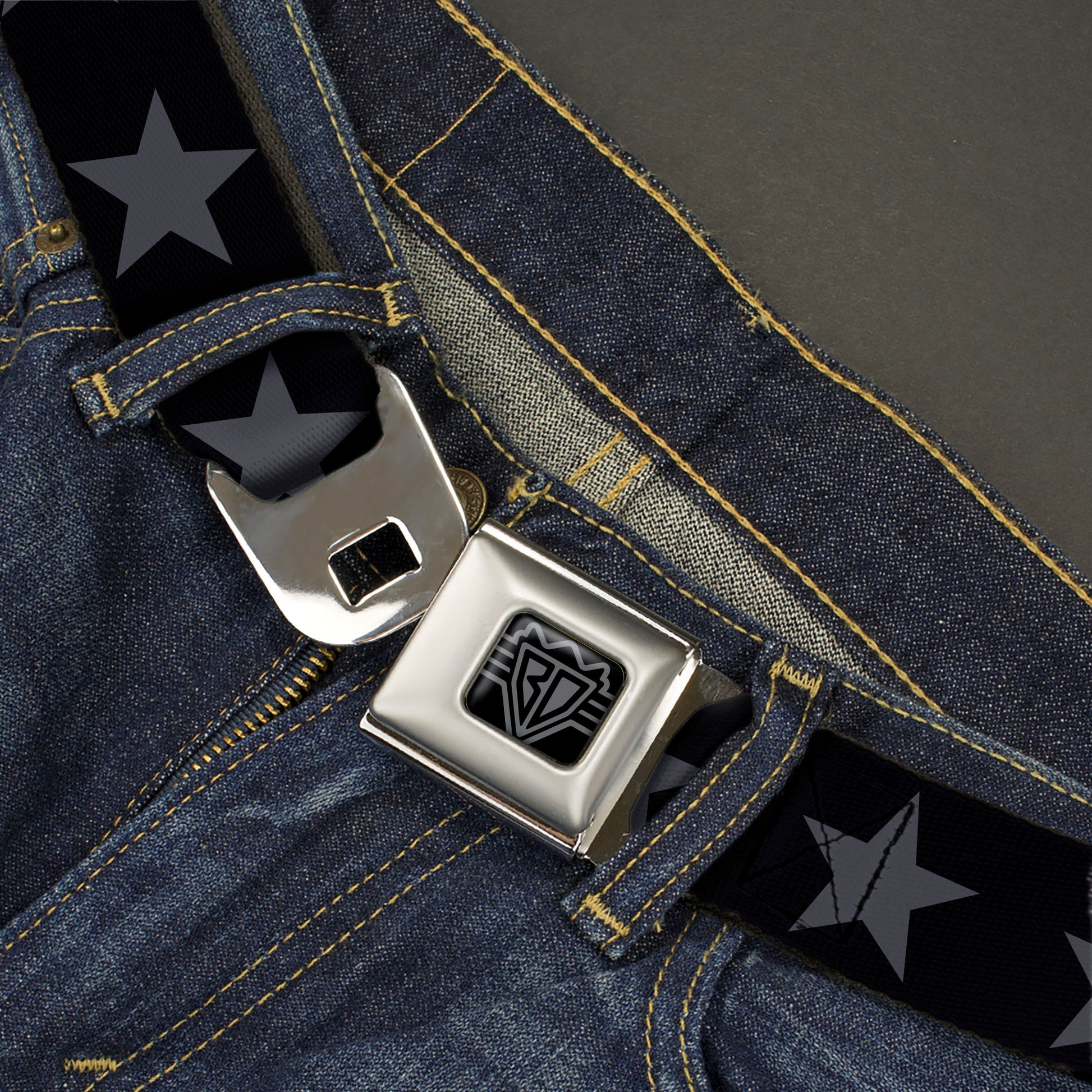 BD Wings Logo CLOSE-UP Black/Silver Seatbelt Belt - Star Black/Gray Webbing Seatbelt Belts Buckle-Down