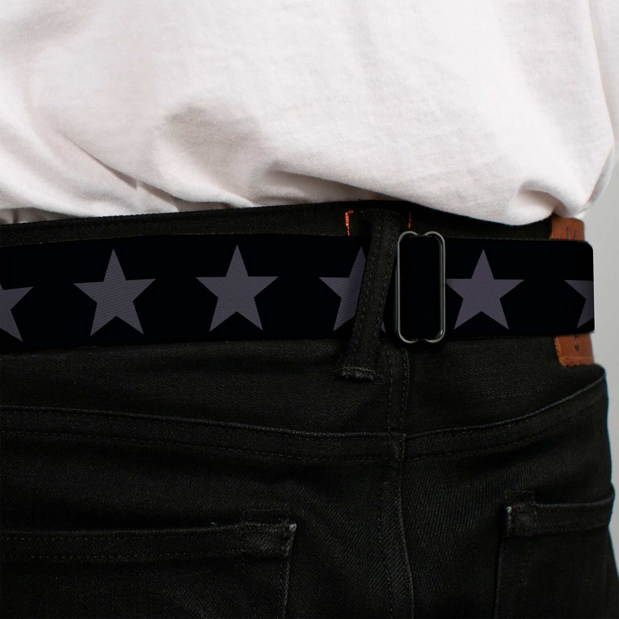BD Wings Logo CLOSE-UP Black/Silver Seatbelt Belt - Star Black/Gray Webbing Seatbelt Belts Buckle-Down