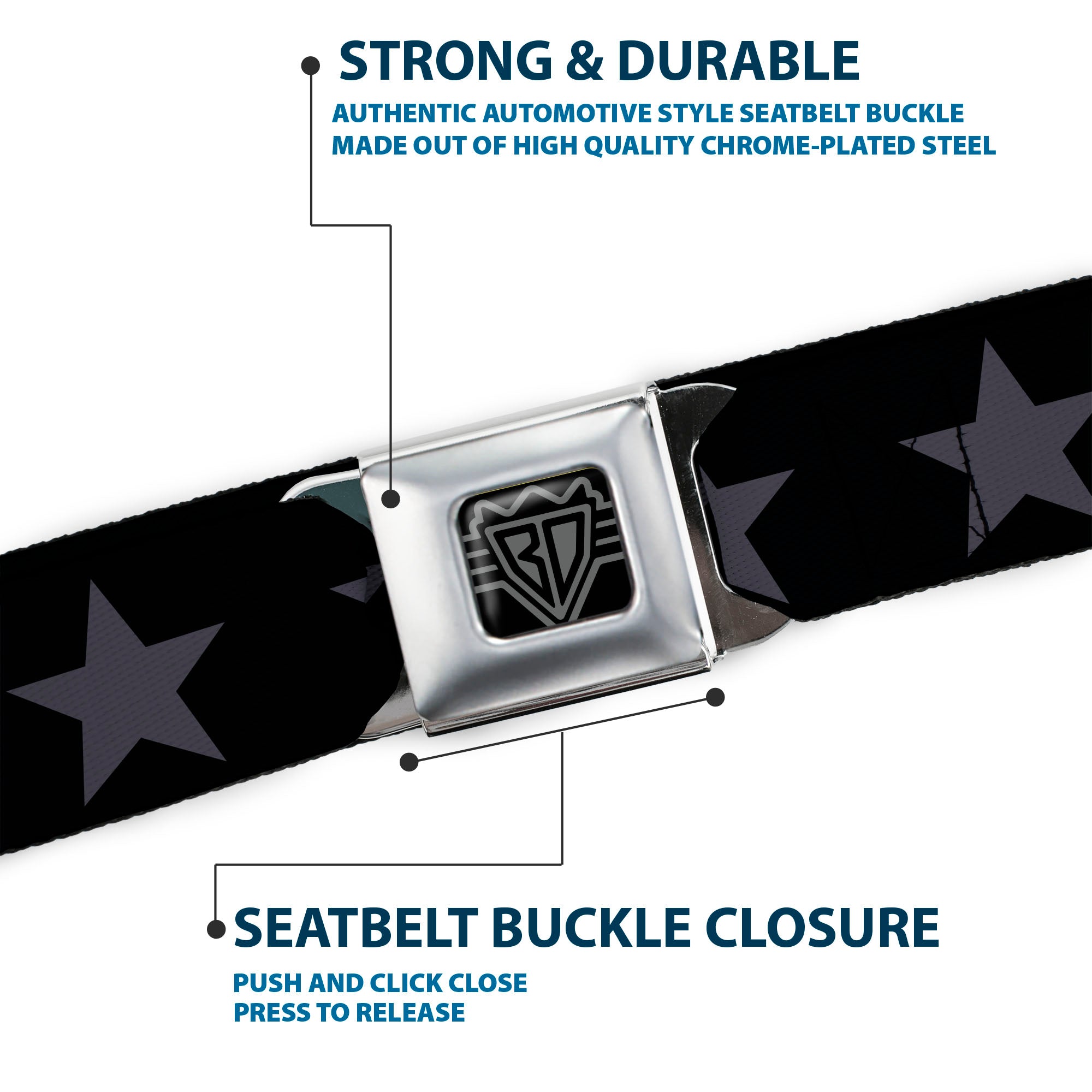 BD Wings Logo CLOSE-UP Black/Silver Seatbelt Belt - Star Black/Gray Webbing Seatbelt Belts Buckle-Down