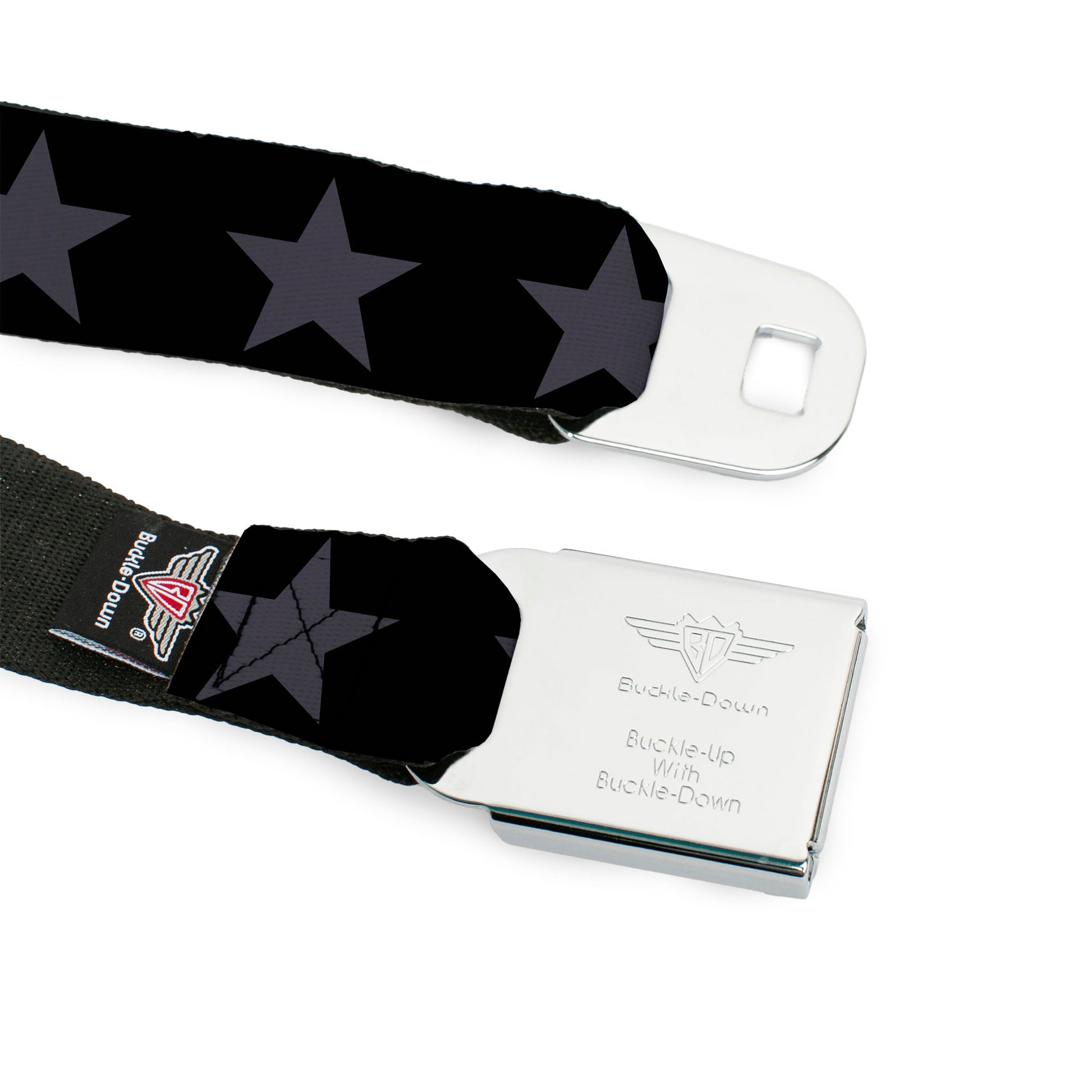 BD Wings Logo CLOSE-UP Black/Silver Seatbelt Belt - Star Black/Gray Webbing Seatbelt Belts Buckle-Down