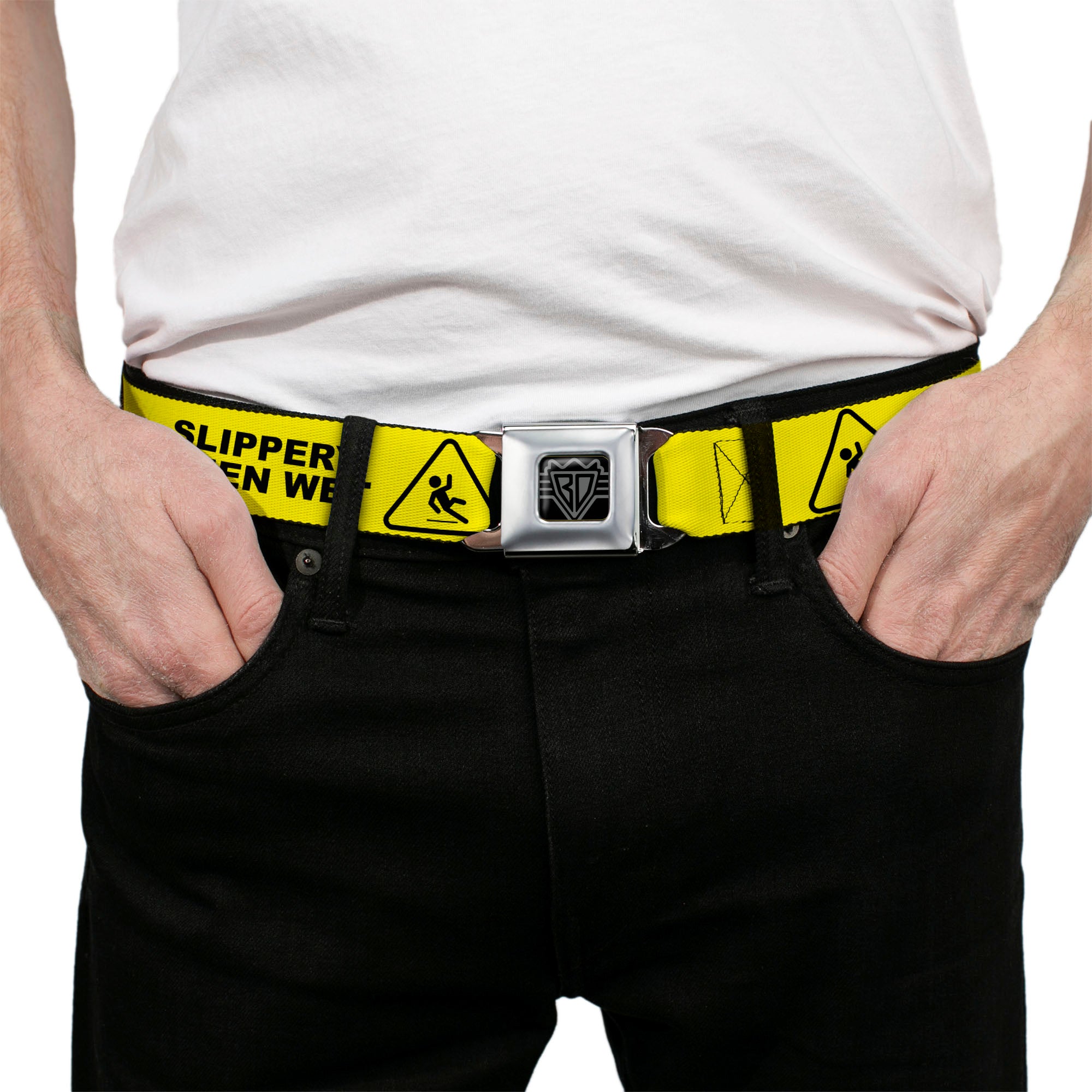 BD Wings Logo CLOSE-UP Black/Silver Seatbelt Belt - SLIPPERY WHEN WET Warning Yellow/Black Webbing Seatbelt Belts Buckle-Down