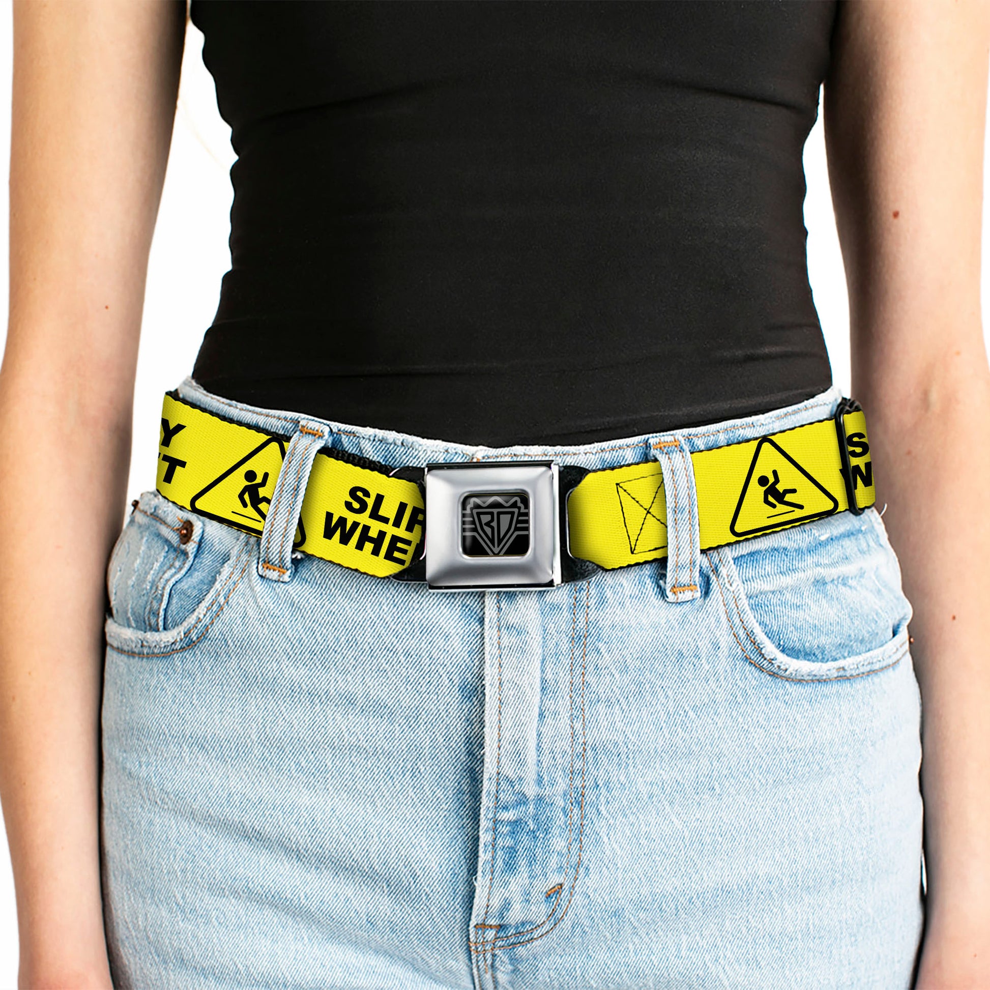 BD Wings Logo CLOSE-UP Black/Silver Seatbelt Belt - SLIPPERY WHEN WET Warning Yellow/Black Webbing Seatbelt Belts Buckle-Down