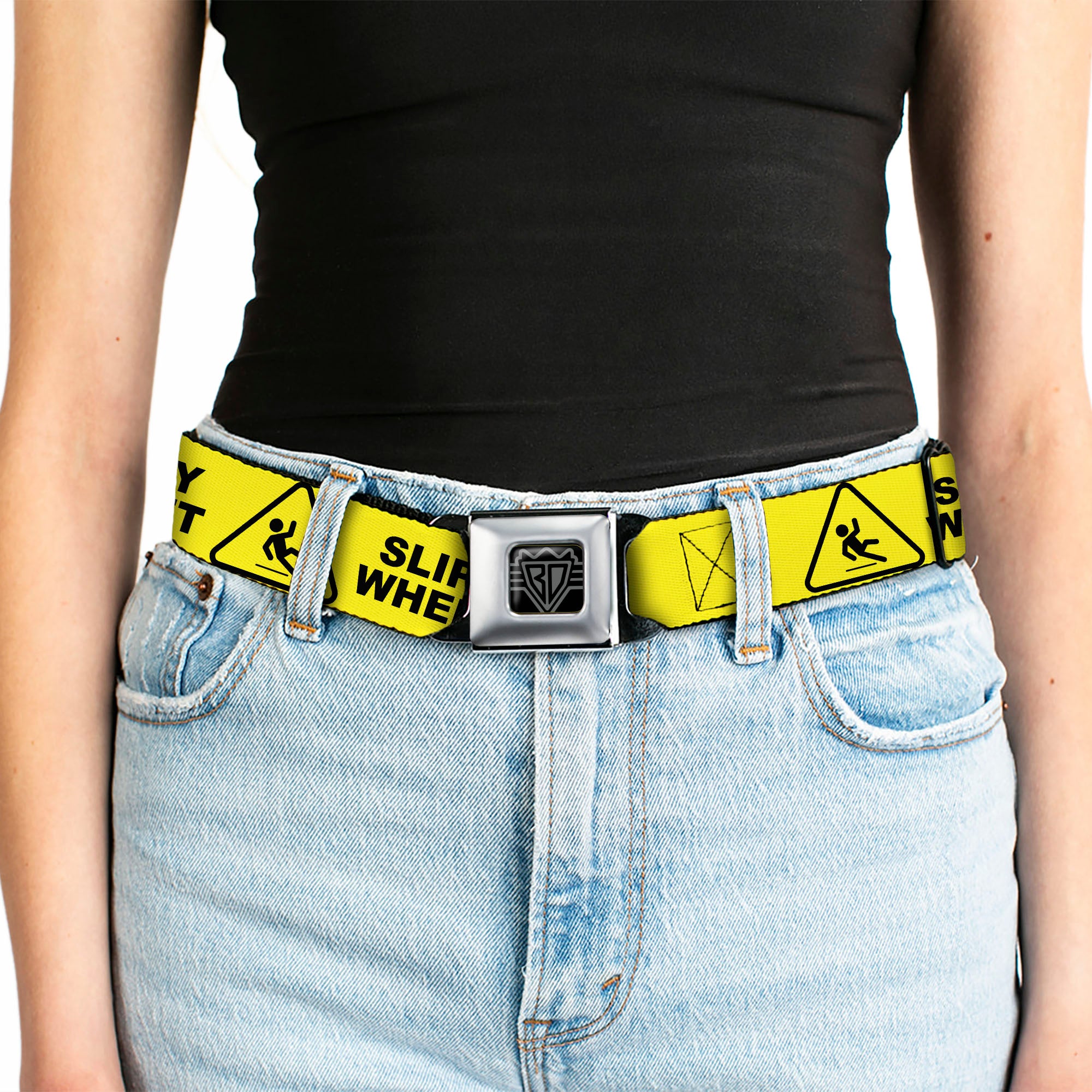BD Wings Logo CLOSE-UP Black/Silver Seatbelt Belt - SLIPPERY WHEN WET Warning Yellow/Black Webbing Seatbelt Belts Buckle-Down