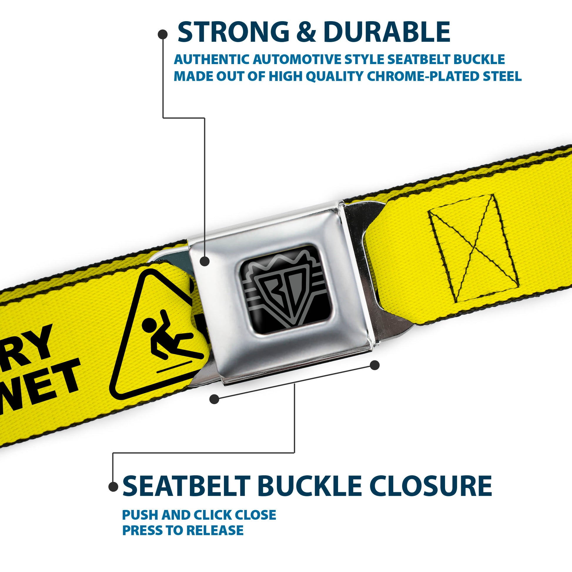 BD Wings Logo CLOSE-UP Black/Silver Seatbelt Belt - SLIPPERY WHEN WET Warning Yellow/Black Webbing Seatbelt Belts Buckle-Down
