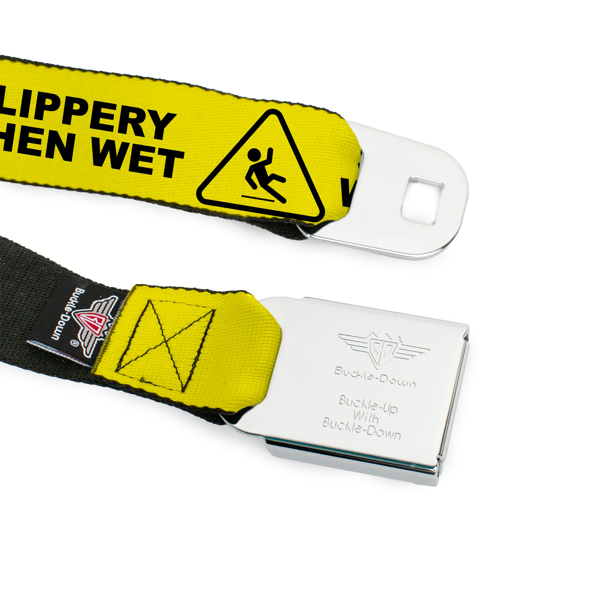BD Wings Logo CLOSE-UP Black/Silver Seatbelt Belt - SLIPPERY WHEN WET Warning Yellow/Black Webbing Seatbelt Belts Buckle-Down