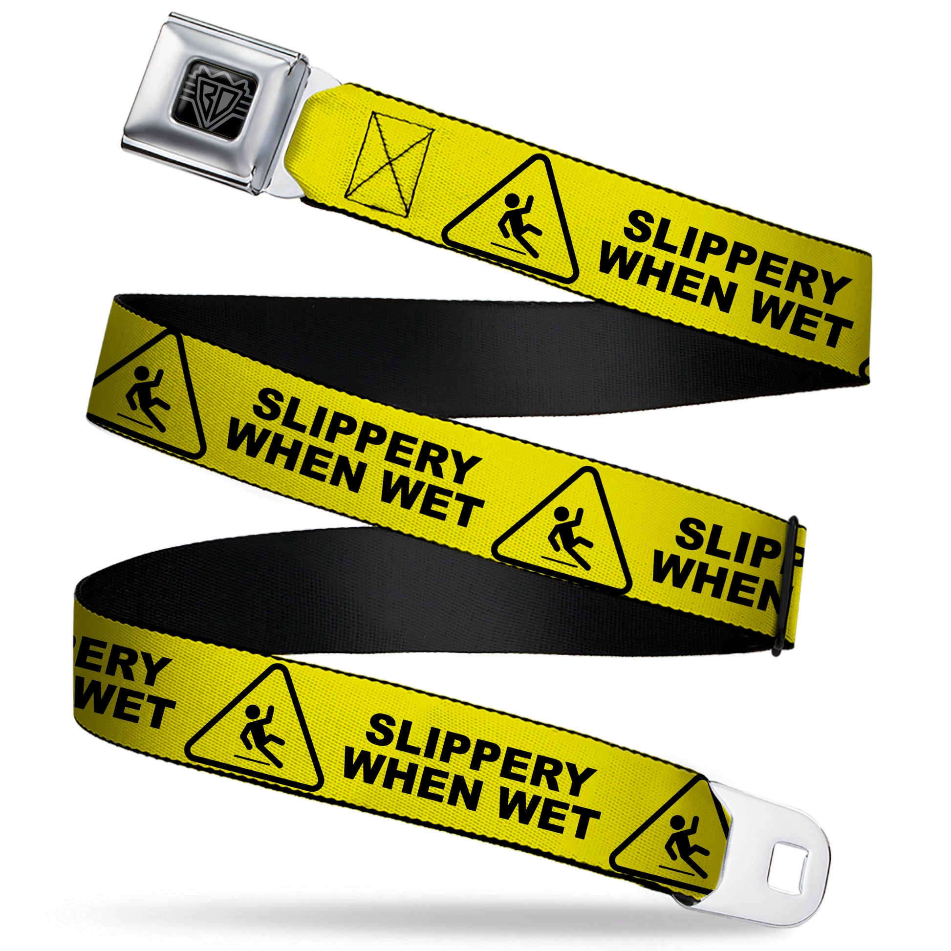 BD Wings Logo CLOSE-UP Black/Silver Seatbelt Belt - SLIPPERY WHEN WET Warning Yellow/Black Webbing Seatbelt Belts Buckle-Down