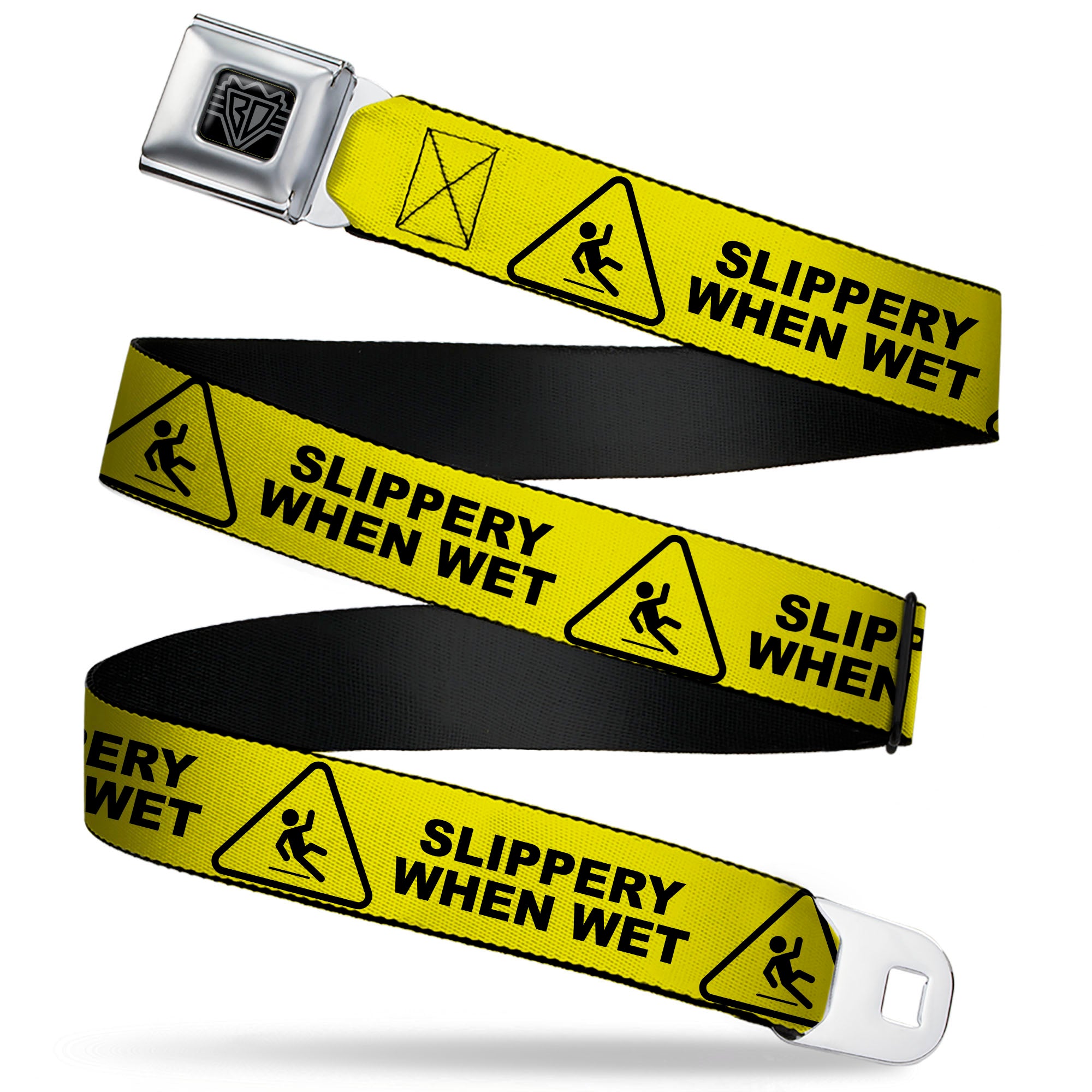 BD Wings Logo CLOSE-UP Black/Silver Seatbelt Belt - SLIPPERY WHEN WET Warning Yellow/Black Webbing Seatbelt Belts Buckle-Down