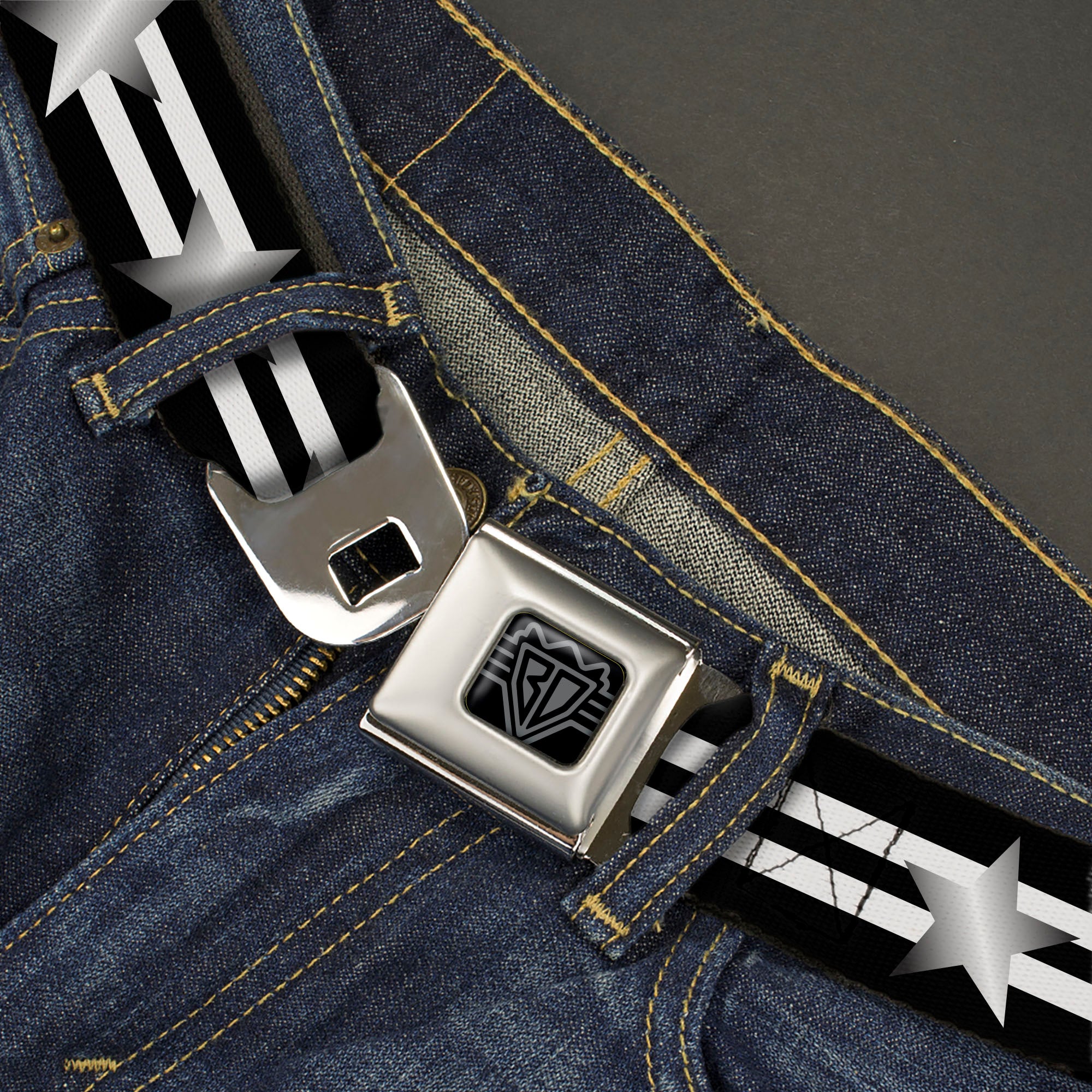 BD Wings Logo CLOSE-UP Black/Silver Seatbelt Belt - Star with Stripes Black/White/Silver Webbing Seatbelt Belts Buckle-Down