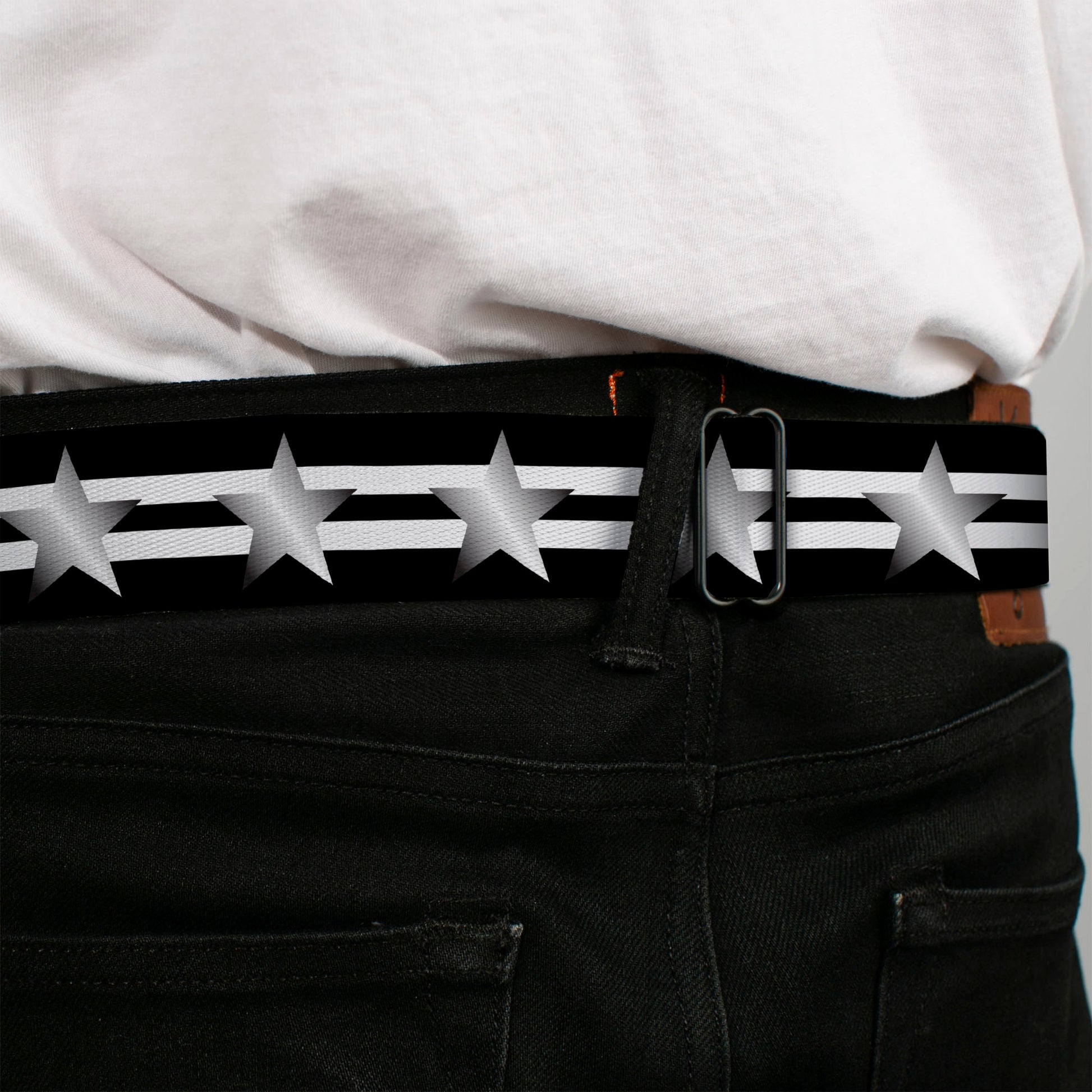 BD Wings Logo CLOSE-UP Black/Silver Seatbelt Belt - Star with Stripes Black/White/Silver Webbing Seatbelt Belts Buckle-Down