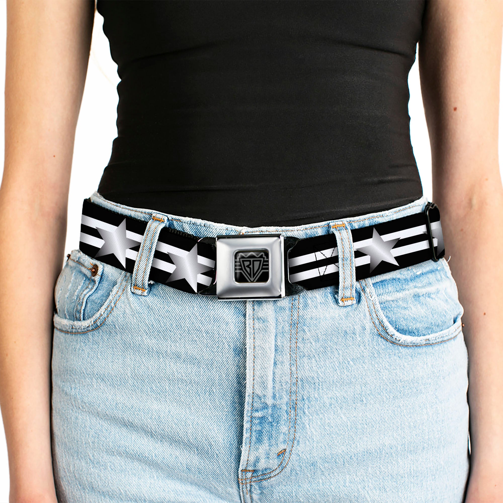BD Wings Logo CLOSE-UP Black/Silver Seatbelt Belt - Star with Stripes Black/White/Silver Webbing Seatbelt Belts Buckle-Down