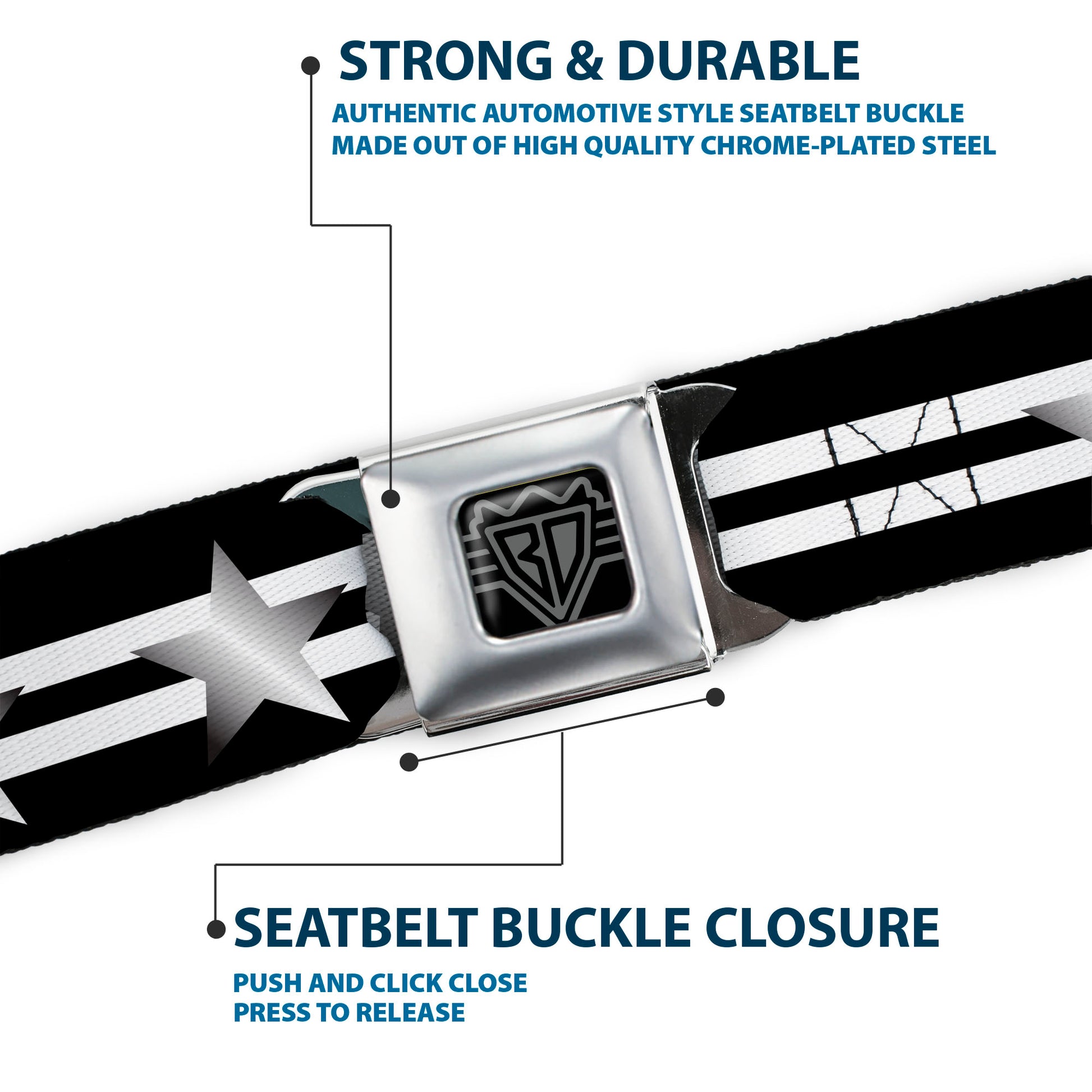 BD Wings Logo CLOSE-UP Black/Silver Seatbelt Belt - Star with Stripes Black/White/Silver Webbing Seatbelt Belts Buckle-Down
