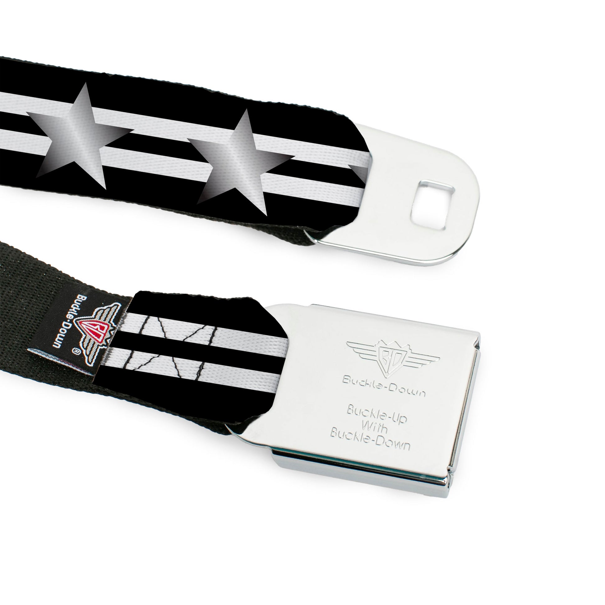 BD Wings Logo CLOSE-UP Black/Silver Seatbelt Belt - Star with Stripes Black/White/Silver Webbing Seatbelt Belts Buckle-Down