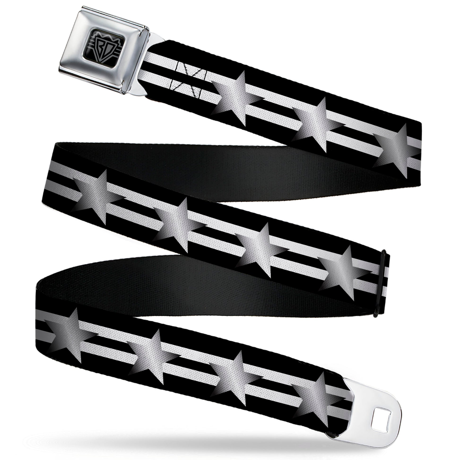 BD Wings Logo CLOSE-UP Black/Silver Seatbelt Belt - Star with Stripes Black/White/Silver Webbing Seatbelt Belts Buckle-Down