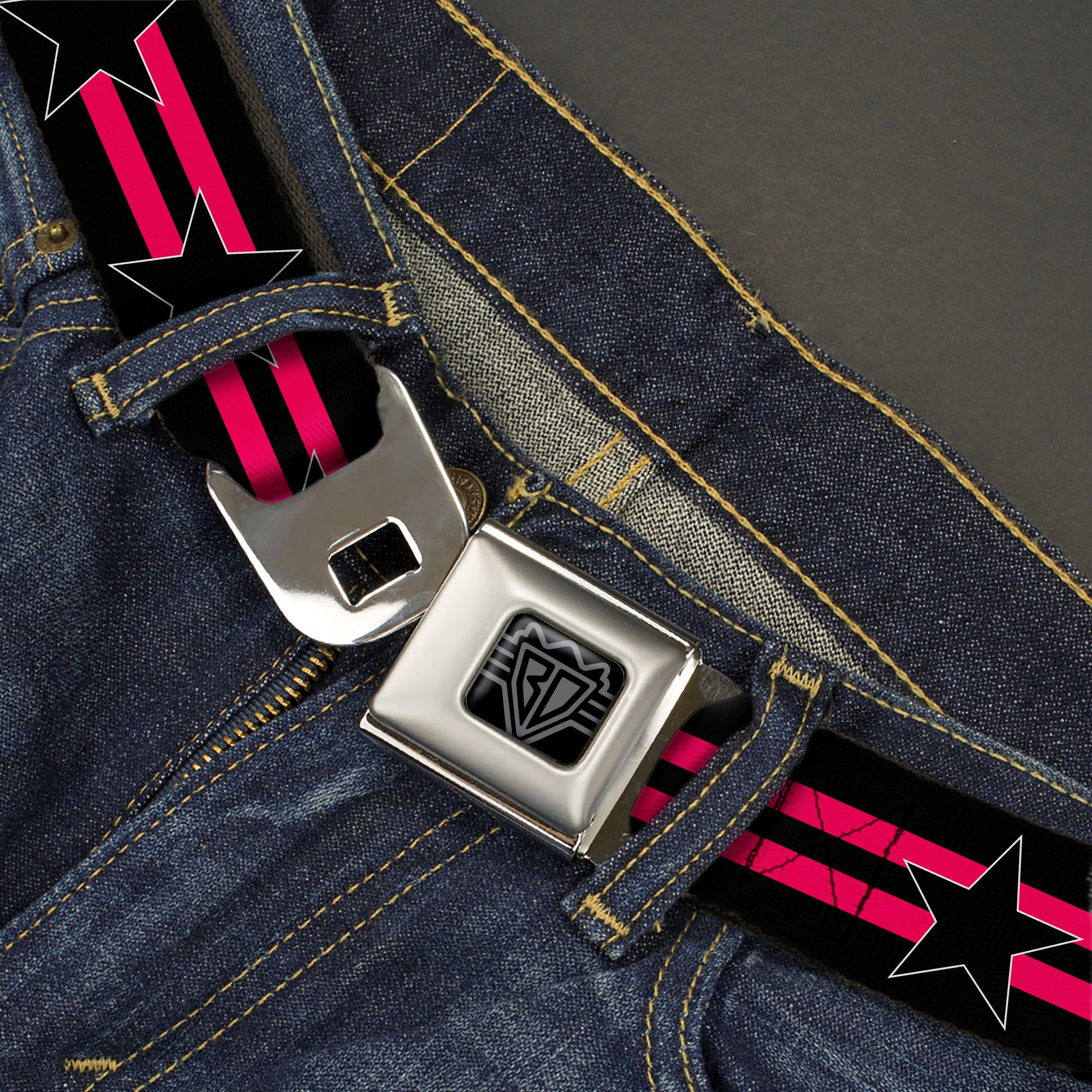 BD Wings Logo CLOSE-UP Black/Silver Seatbelt Belt - Star with Stripes Black/Hot Pink/Black Webbing Seatbelt Belts Buckle-Down