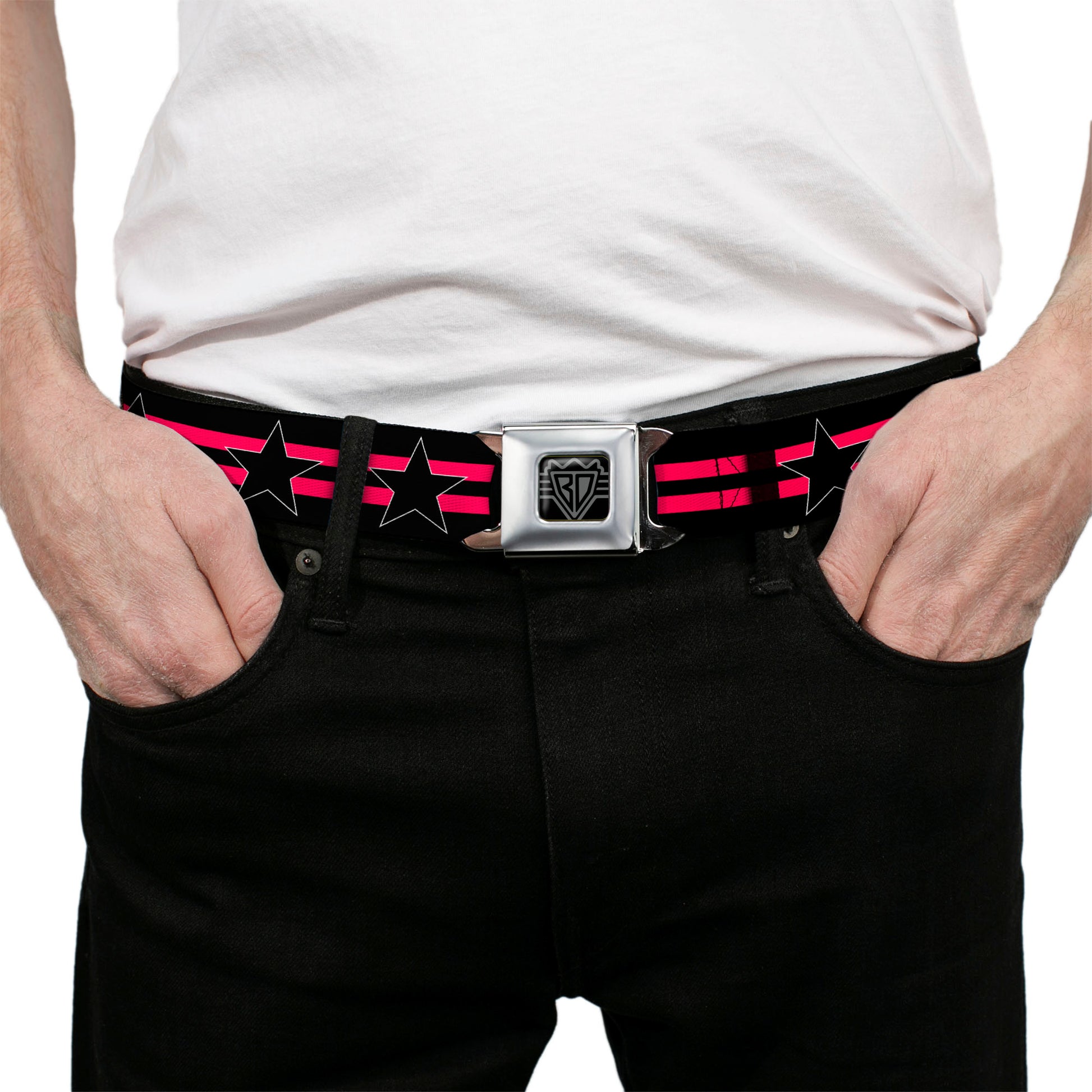 BD Wings Logo CLOSE-UP Black/Silver Seatbelt Belt - Star with Stripes Black/Hot Pink/Black Webbing Seatbelt Belts Buckle-Down