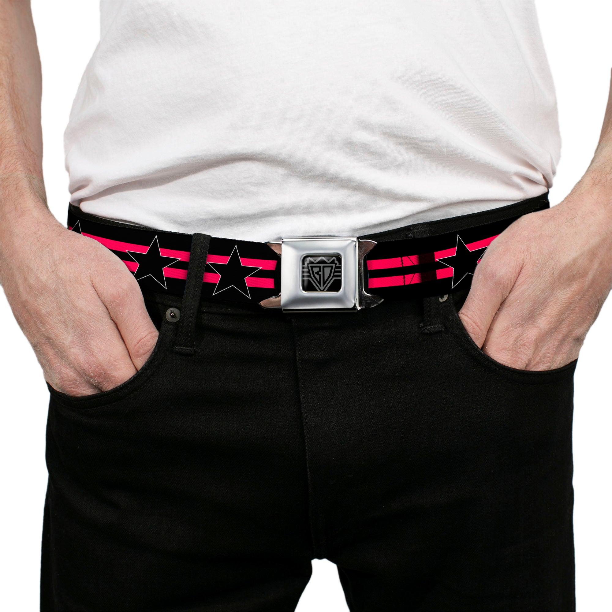 BD Wings Logo CLOSE-UP Black/Silver Seatbelt Belt - Star with Stripes Black/Hot Pink/Black Webbing Seatbelt Belts Buckle-Down