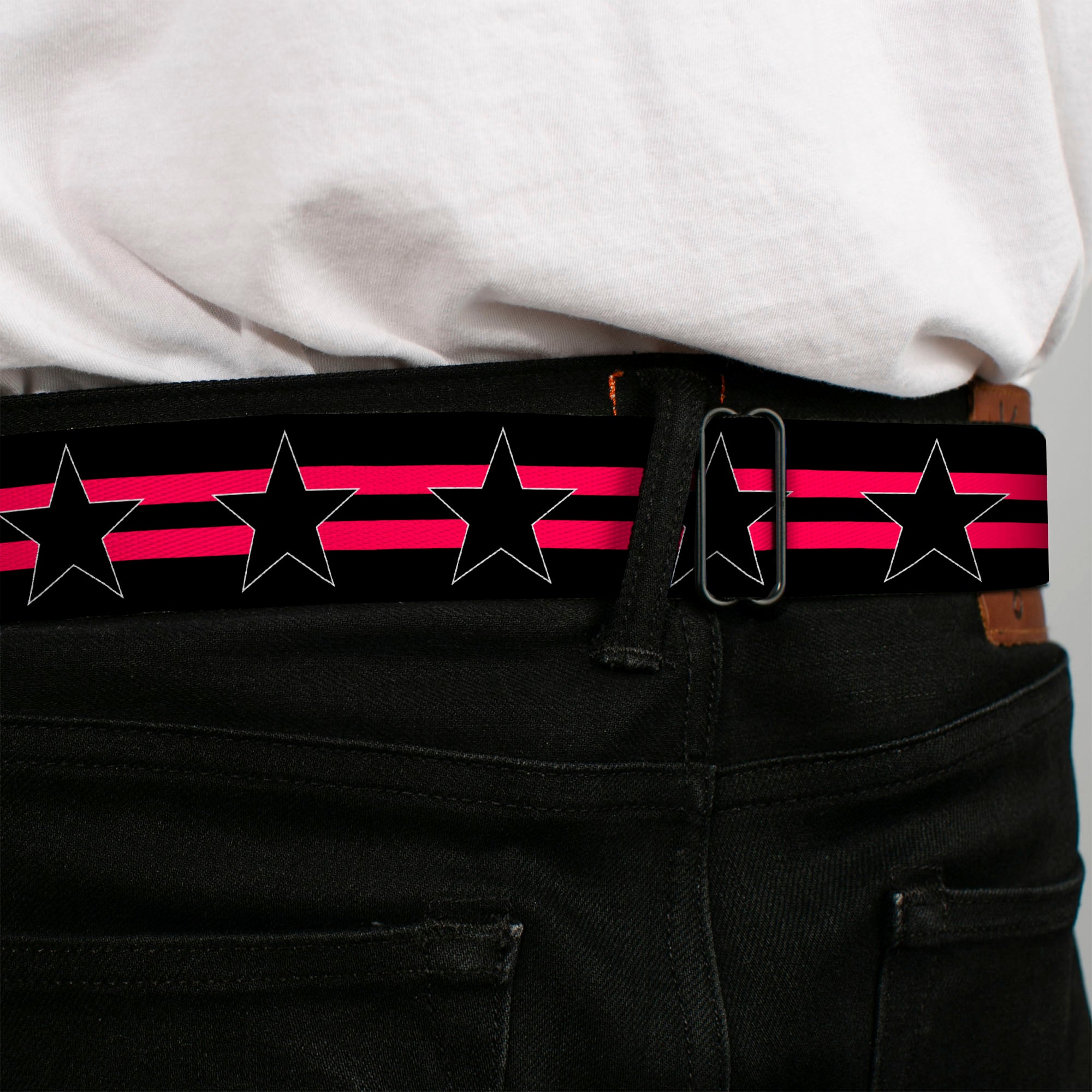 BD Wings Logo CLOSE-UP Black/Silver Seatbelt Belt - Star with Stripes Black/Hot Pink/Black Webbing Seatbelt Belts Buckle-Down