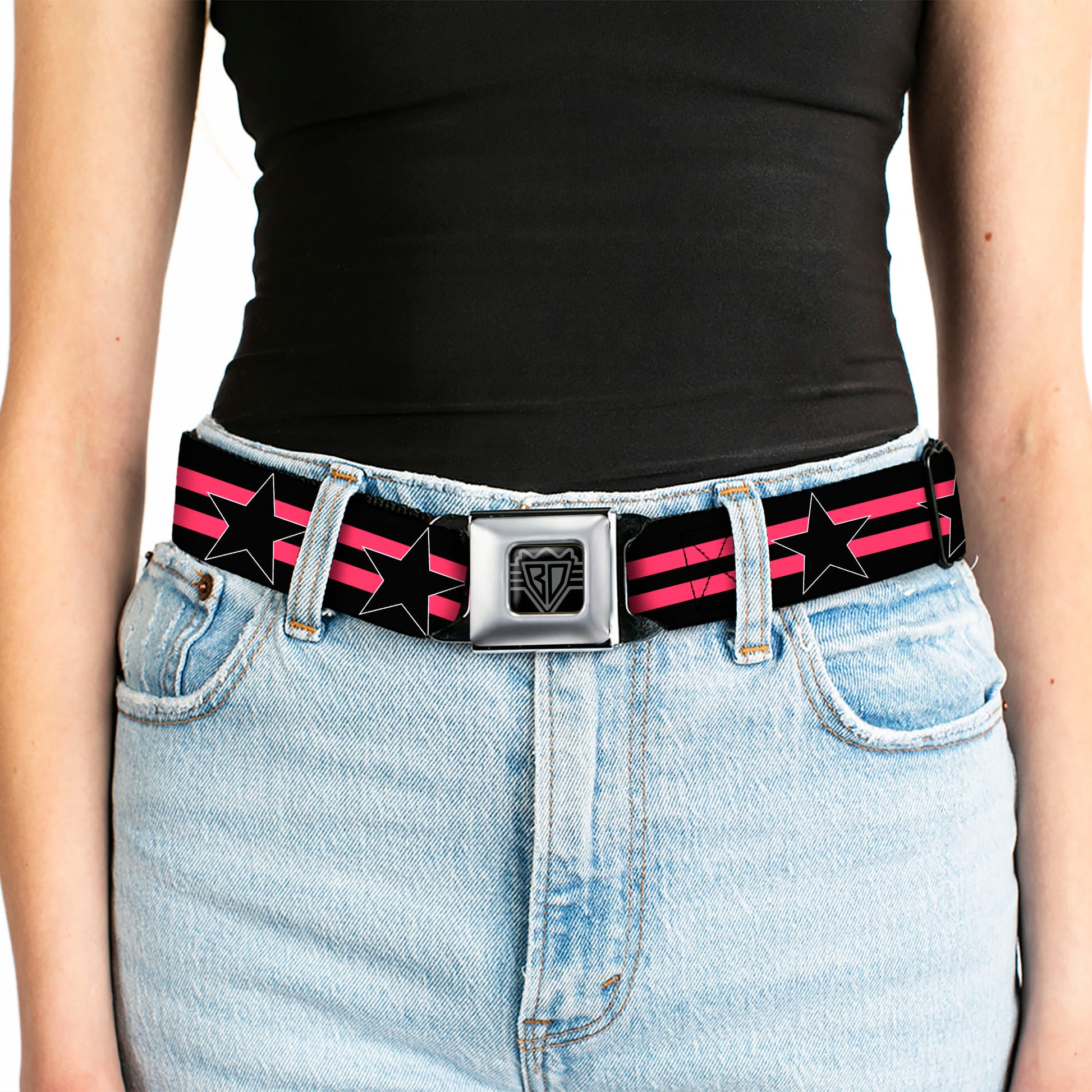 BD Wings Logo CLOSE-UP Black/Silver Seatbelt Belt - Star with Stripes Black/Hot Pink/Black Webbing Seatbelt Belts Buckle-Down