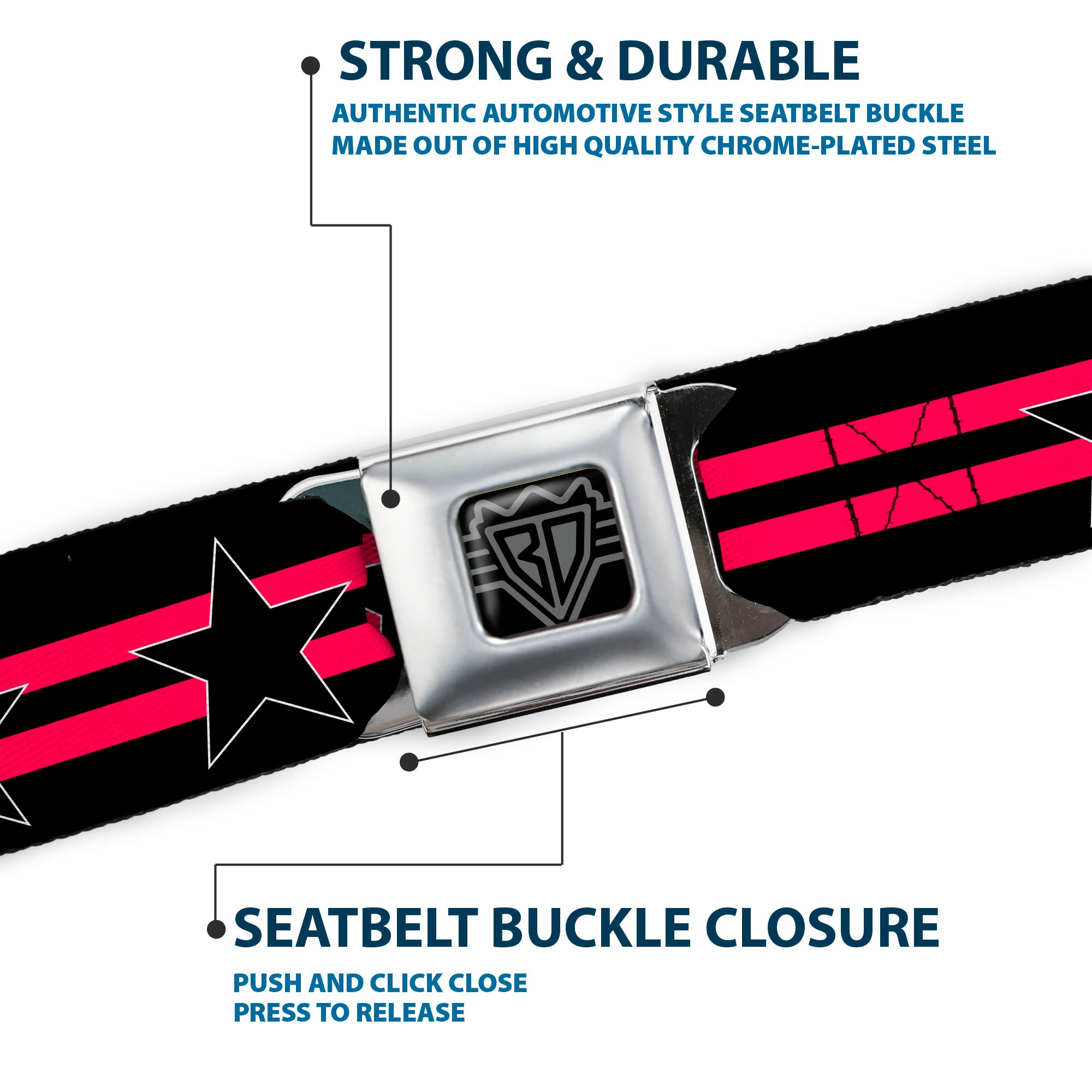 BD Wings Logo CLOSE-UP Black/Silver Seatbelt Belt - Star with Stripes Black/Hot Pink/Black Webbing Seatbelt Belts Buckle-Down