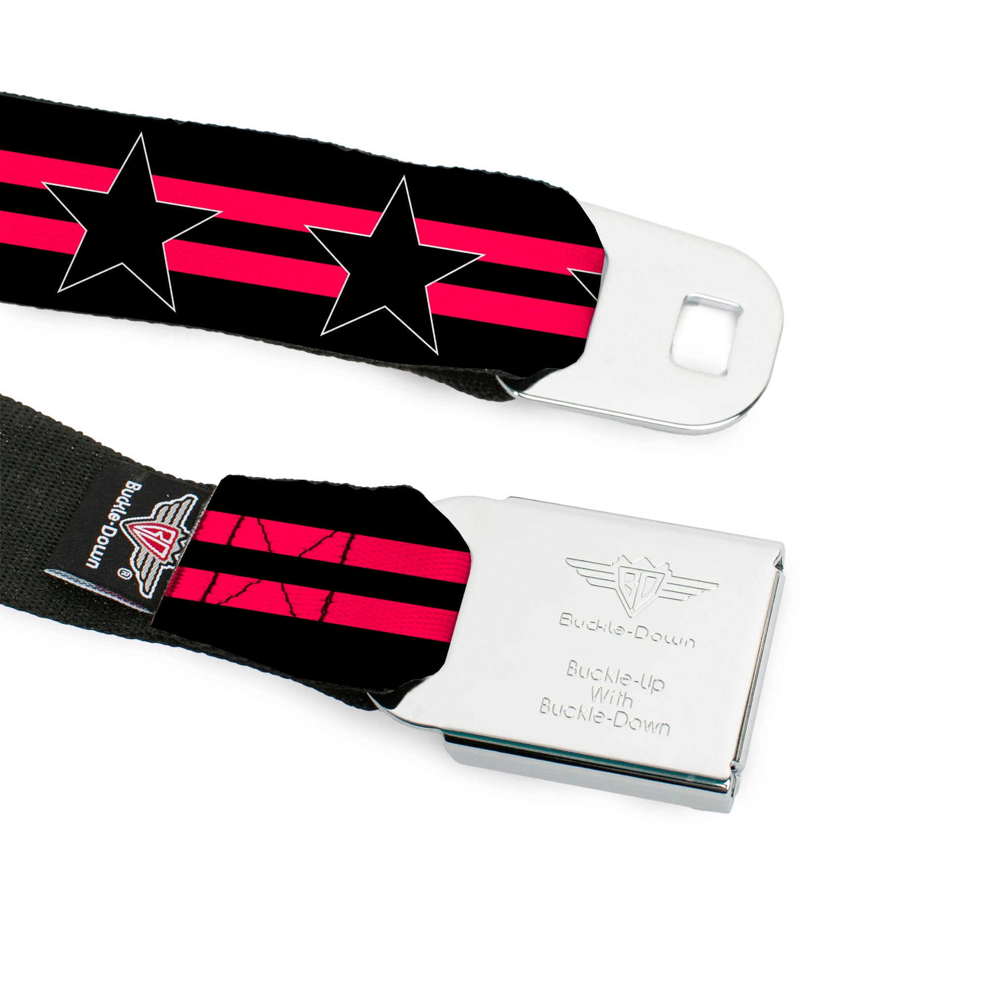 BD Wings Logo CLOSE-UP Black/Silver Seatbelt Belt - Star with Stripes Black/Hot Pink/Black Webbing Seatbelt Belts Buckle-Down