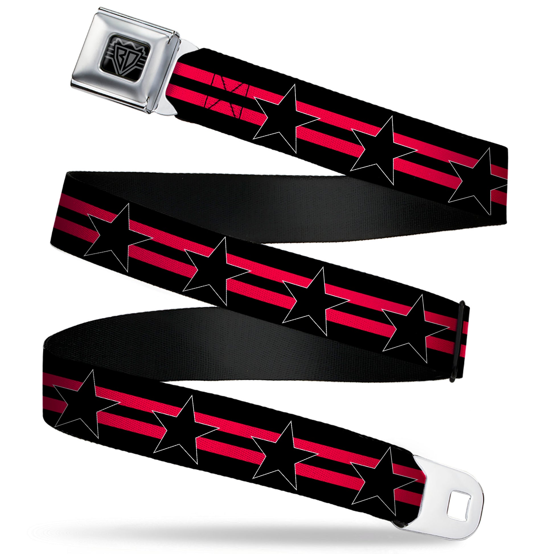 BD Wings Logo CLOSE-UP Black/Silver Seatbelt Belt - Star with Stripes Black/Hot Pink/Black Webbing Seatbelt Belts Buckle-Down