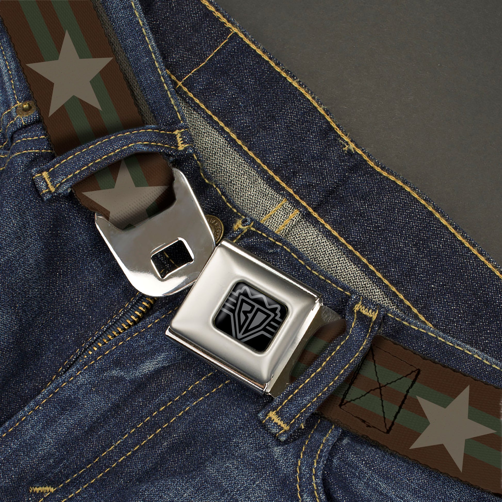 BD Wings Logo CLOSE-UP Black/Silver Seatbelt Belt - Star with Stripes Brown/Olive/Tan Webbing Seatbelt Belts Buckle-Down