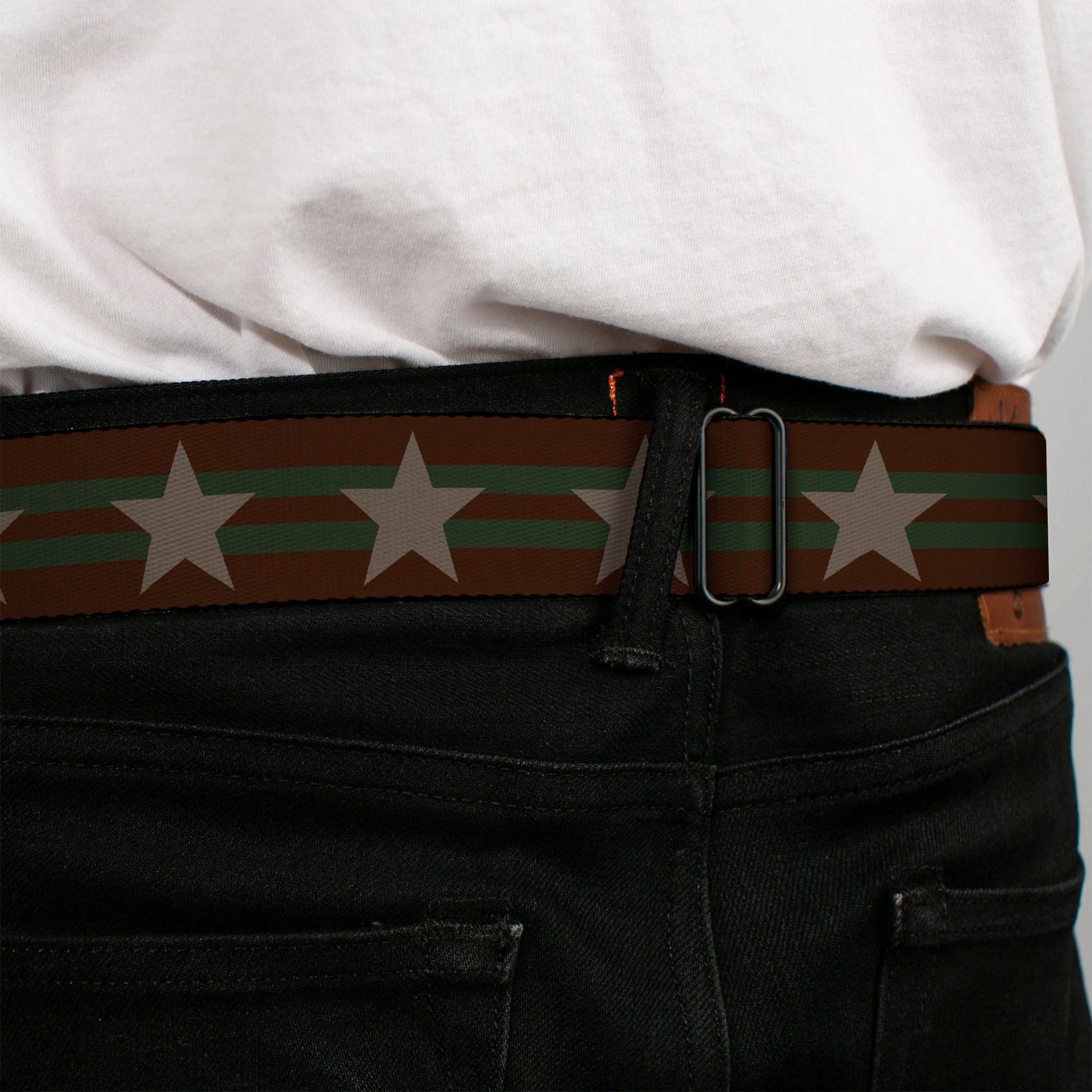 BD Wings Logo CLOSE-UP Black/Silver Seatbelt Belt - Star with Stripes Brown/Olive/Tan Webbing Seatbelt Belts Buckle-Down