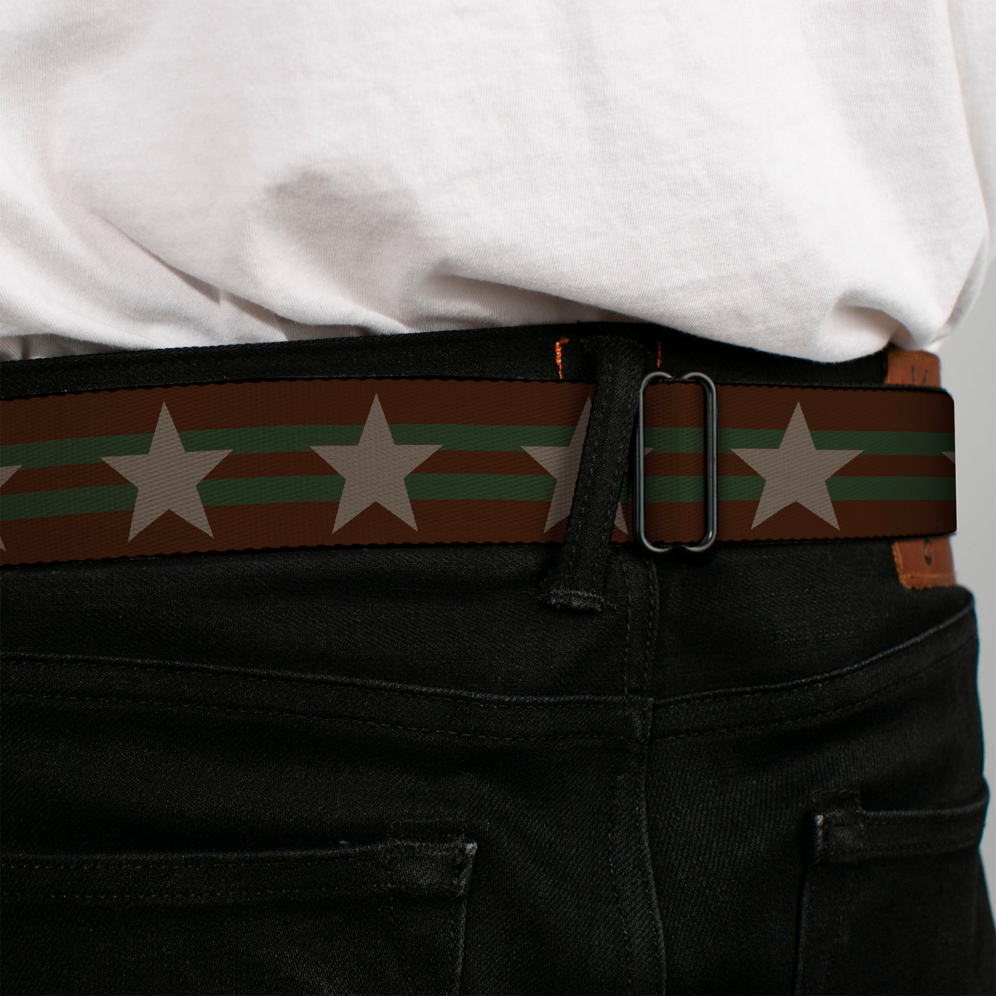 BD Wings Logo CLOSE-UP Black/Silver Seatbelt Belt - Star with Stripes Brown/Olive/Tan Webbing Seatbelt Belts Buckle-Down