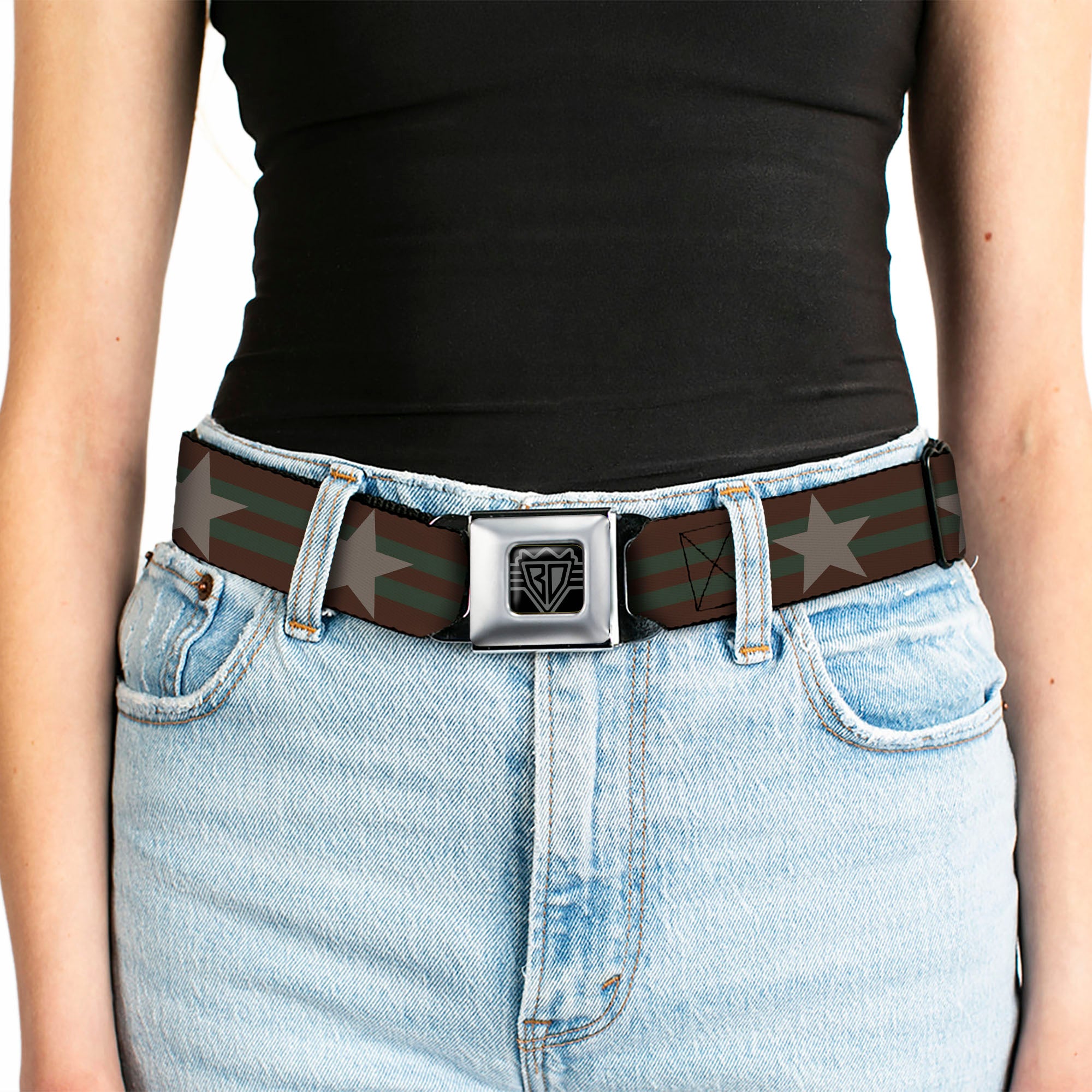 BD Wings Logo CLOSE-UP Black/Silver Seatbelt Belt - Star with Stripes Brown/Olive/Tan Webbing Seatbelt Belts Buckle-Down