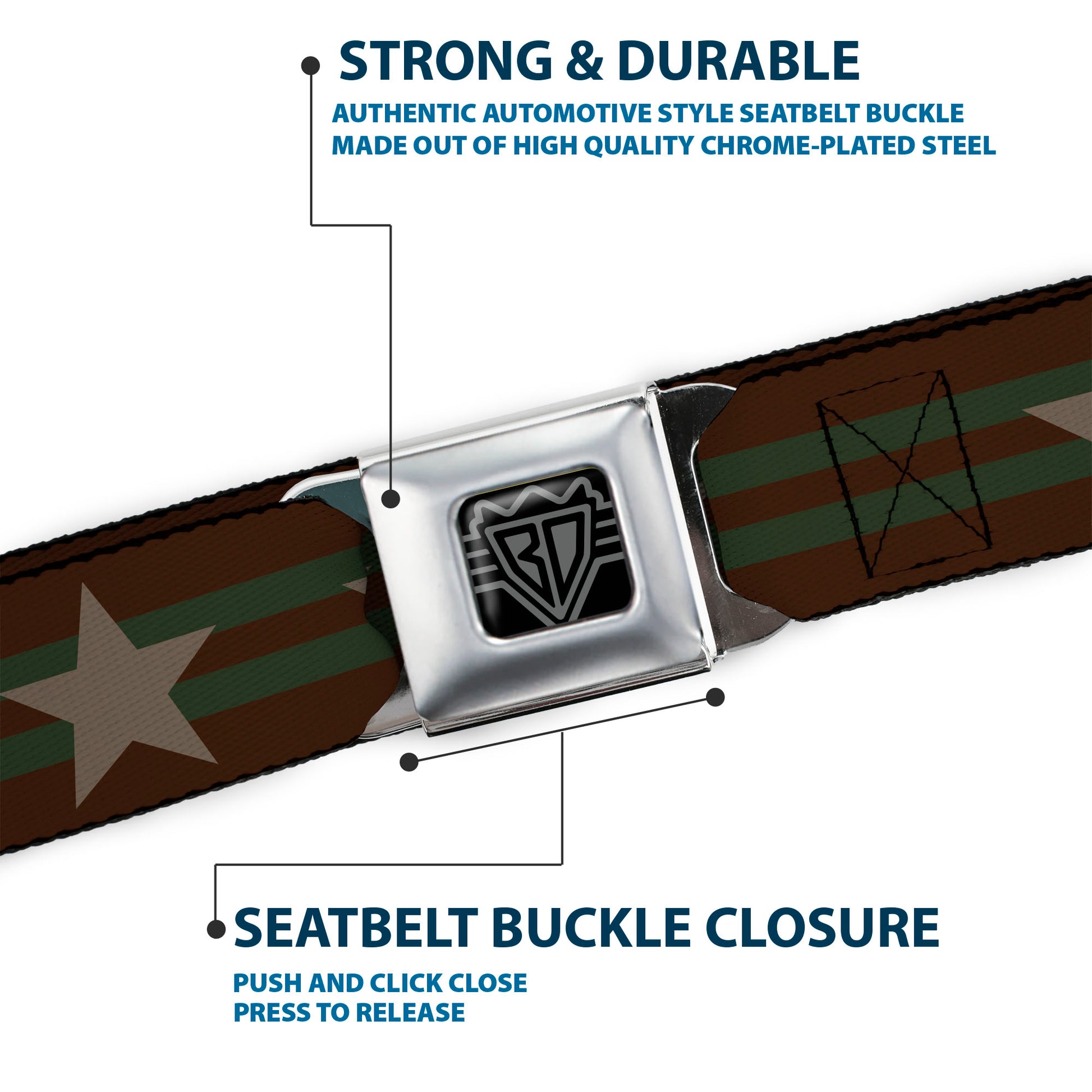 BD Wings Logo CLOSE-UP Black/Silver Seatbelt Belt - Star with Stripes Brown/Olive/Tan Webbing Seatbelt Belts Buckle-Down