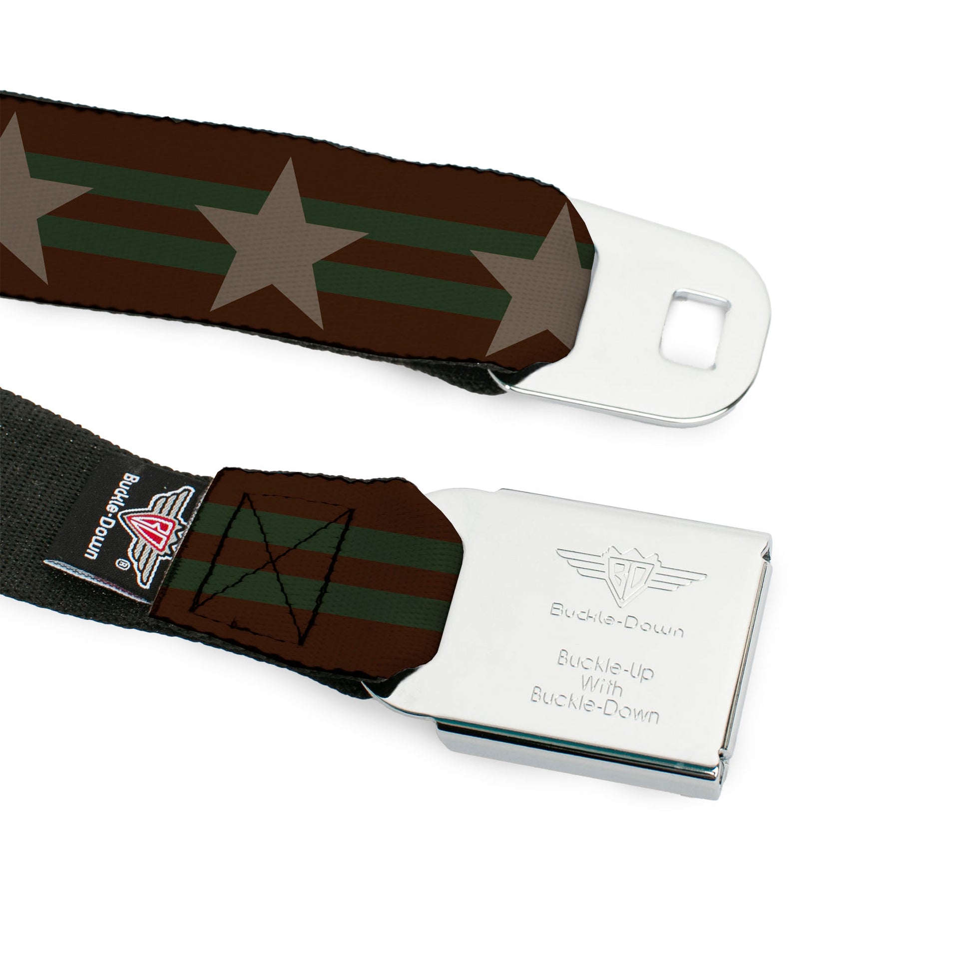 BD Wings Logo CLOSE-UP Black/Silver Seatbelt Belt - Star with Stripes Brown/Olive/Tan Webbing Seatbelt Belts Buckle-Down