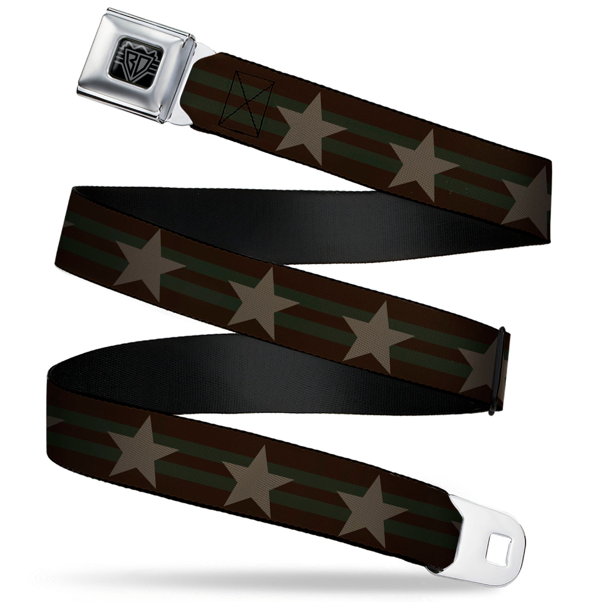 BD Wings Logo CLOSE-UP Black/Silver Seatbelt Belt - Star with Stripes Brown/Olive/Tan Webbing Seatbelt Belts Buckle-Down