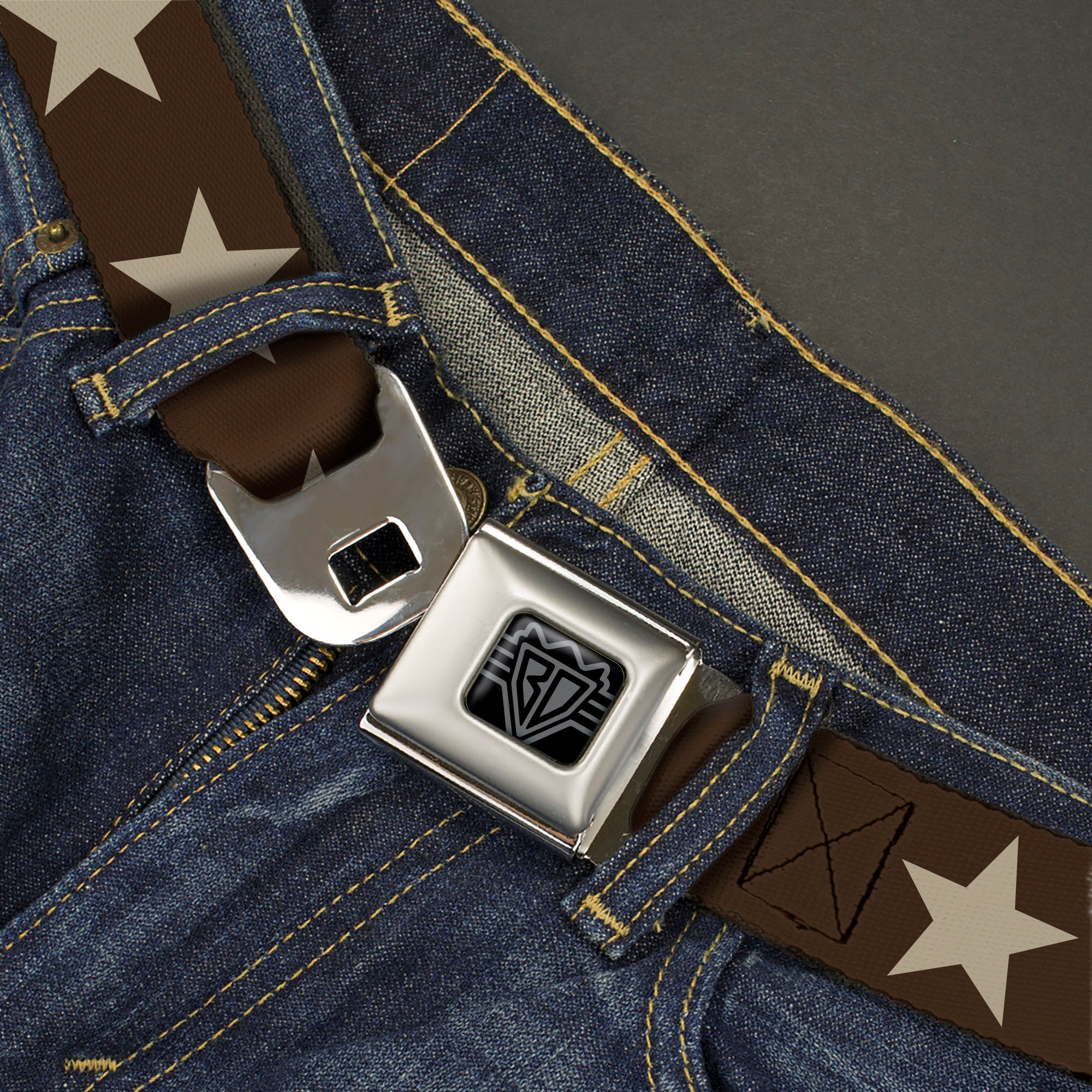 BD Wings Logo CLOSE-UP Black/Silver Seatbelt Belt - Star Brown/Tan Webbing Seatbelt Belts Buckle-Down