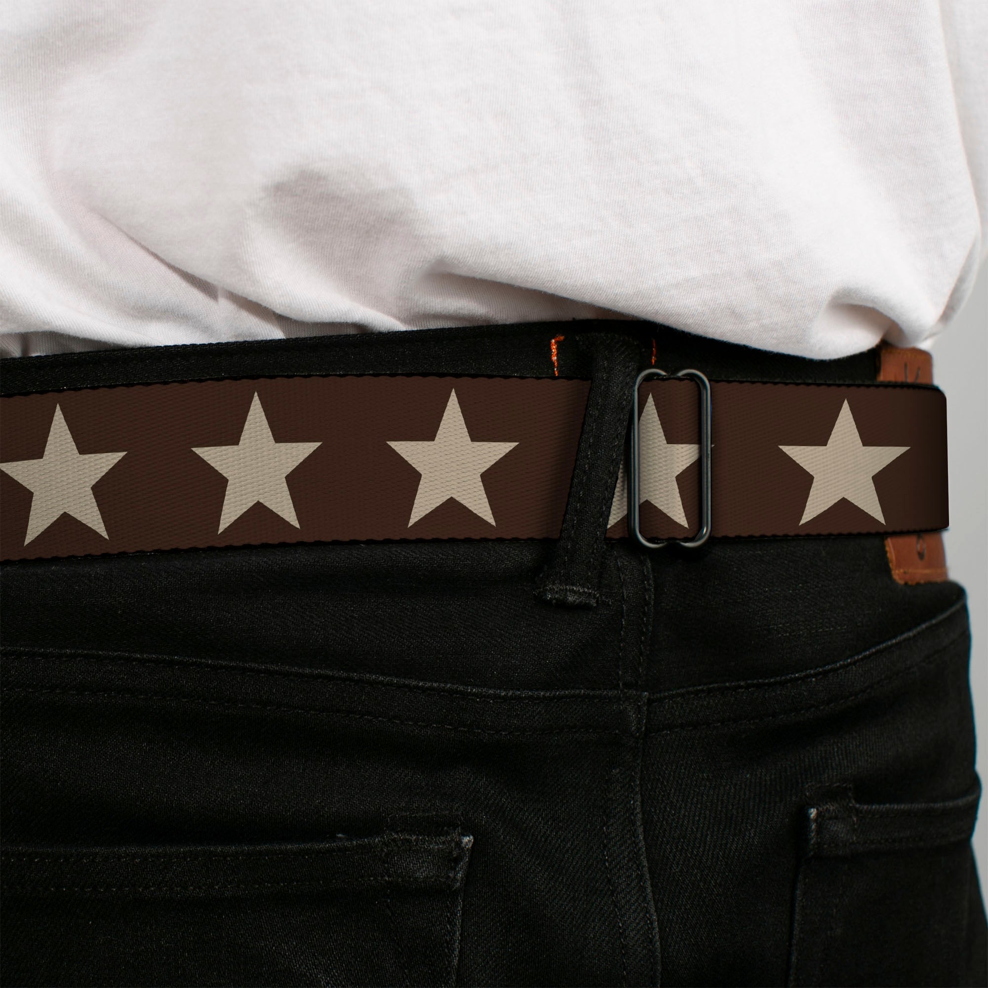 BD Wings Logo CLOSE-UP Black/Silver Seatbelt Belt - Star Brown/Tan Webbing Seatbelt Belts Buckle-Down