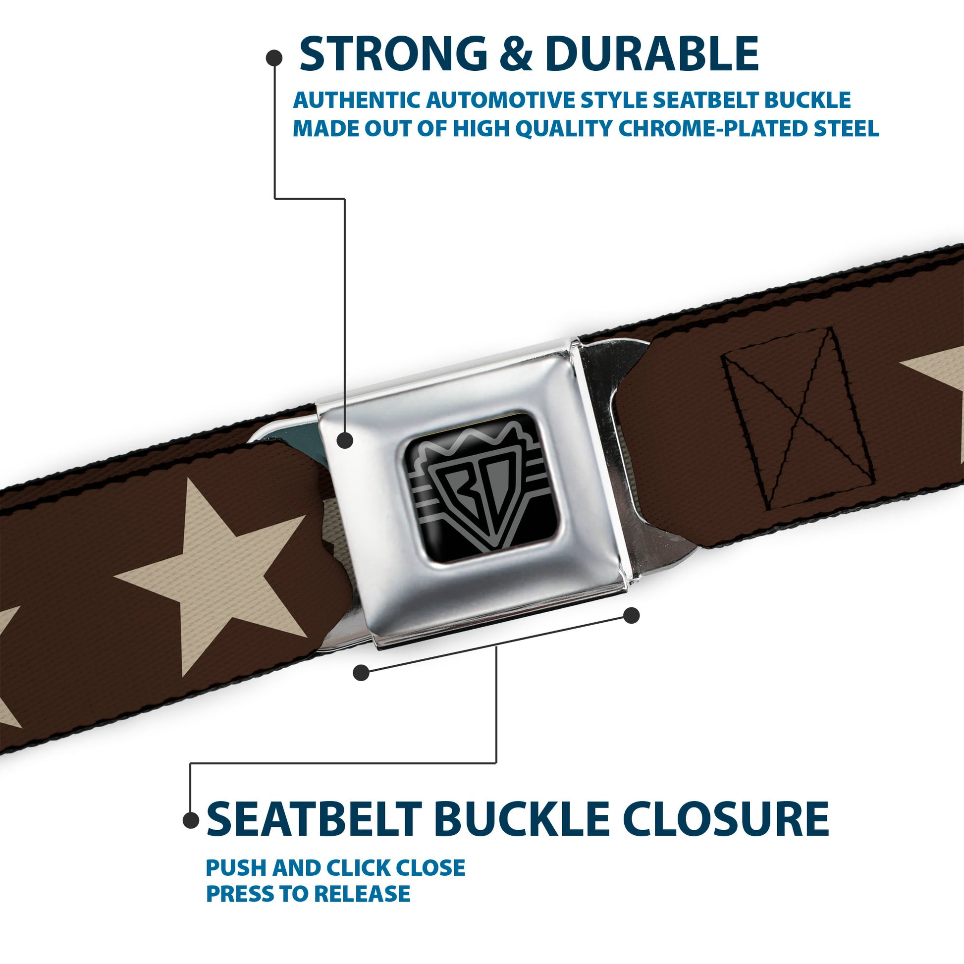 BD Wings Logo CLOSE-UP Black/Silver Seatbelt Belt - Star Brown/Tan Webbing Seatbelt Belts Buckle-Down