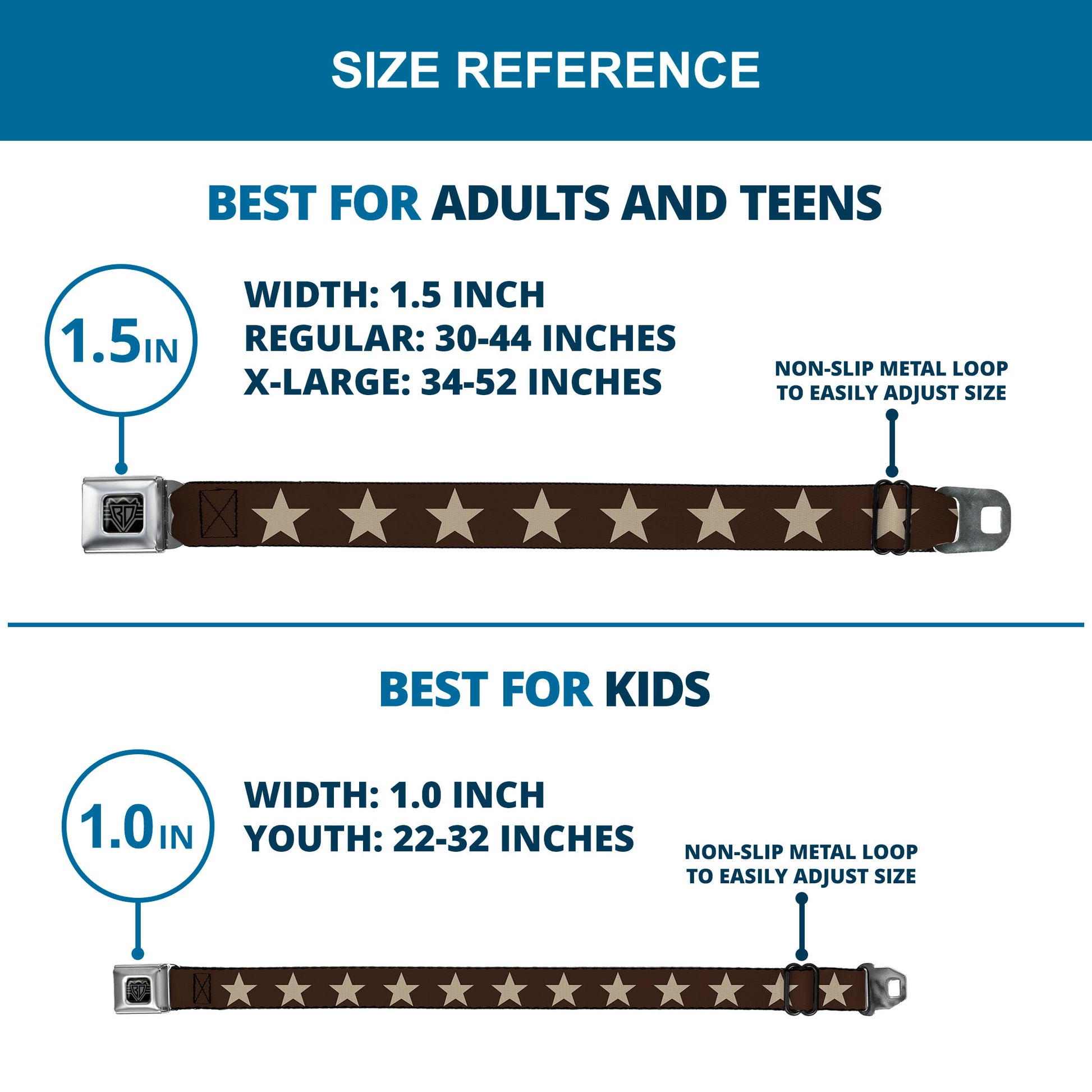 BD Wings Logo CLOSE-UP Black/Silver Seatbelt Belt - Star Brown/Tan Webbing Seatbelt Belts Buckle-Down