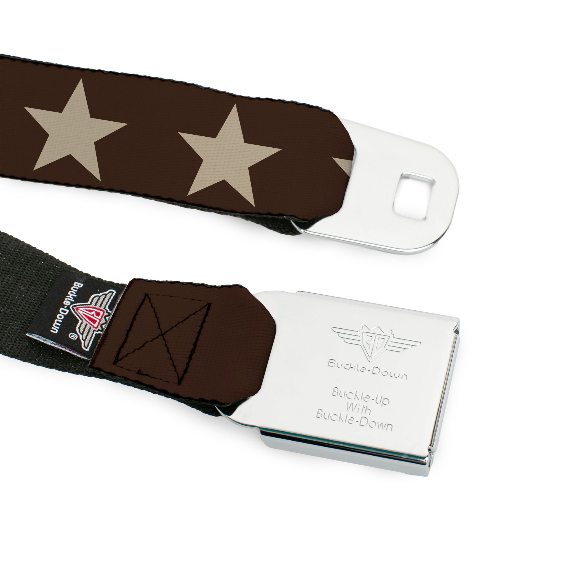 BD Wings Logo CLOSE-UP Black/Silver Seatbelt Belt - Star Brown/Tan Webbing Seatbelt Belts Buckle-Down