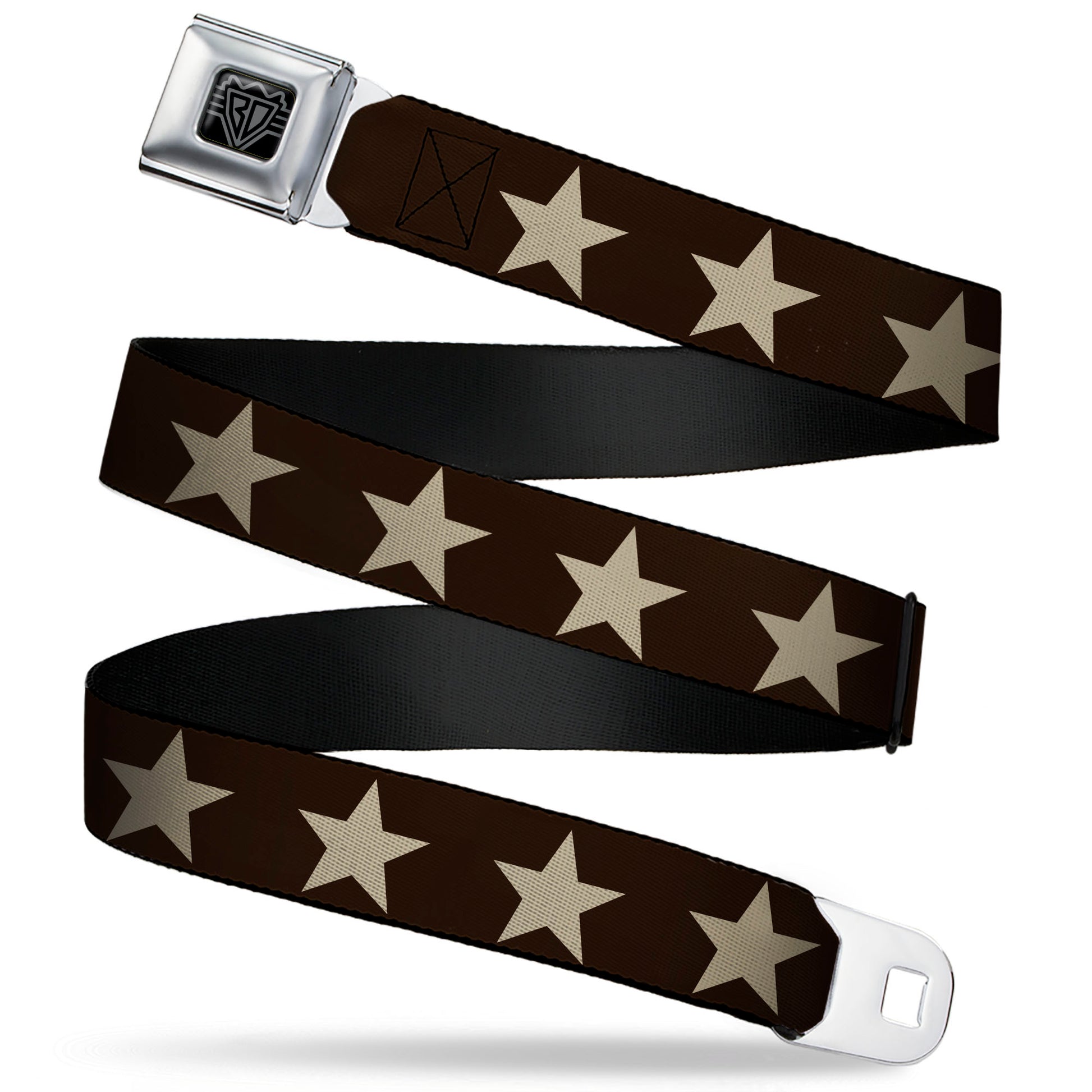 BD Wings Logo CLOSE-UP Black/Silver Seatbelt Belt - Star Brown/Tan Webbing Seatbelt Belts Buckle-Down